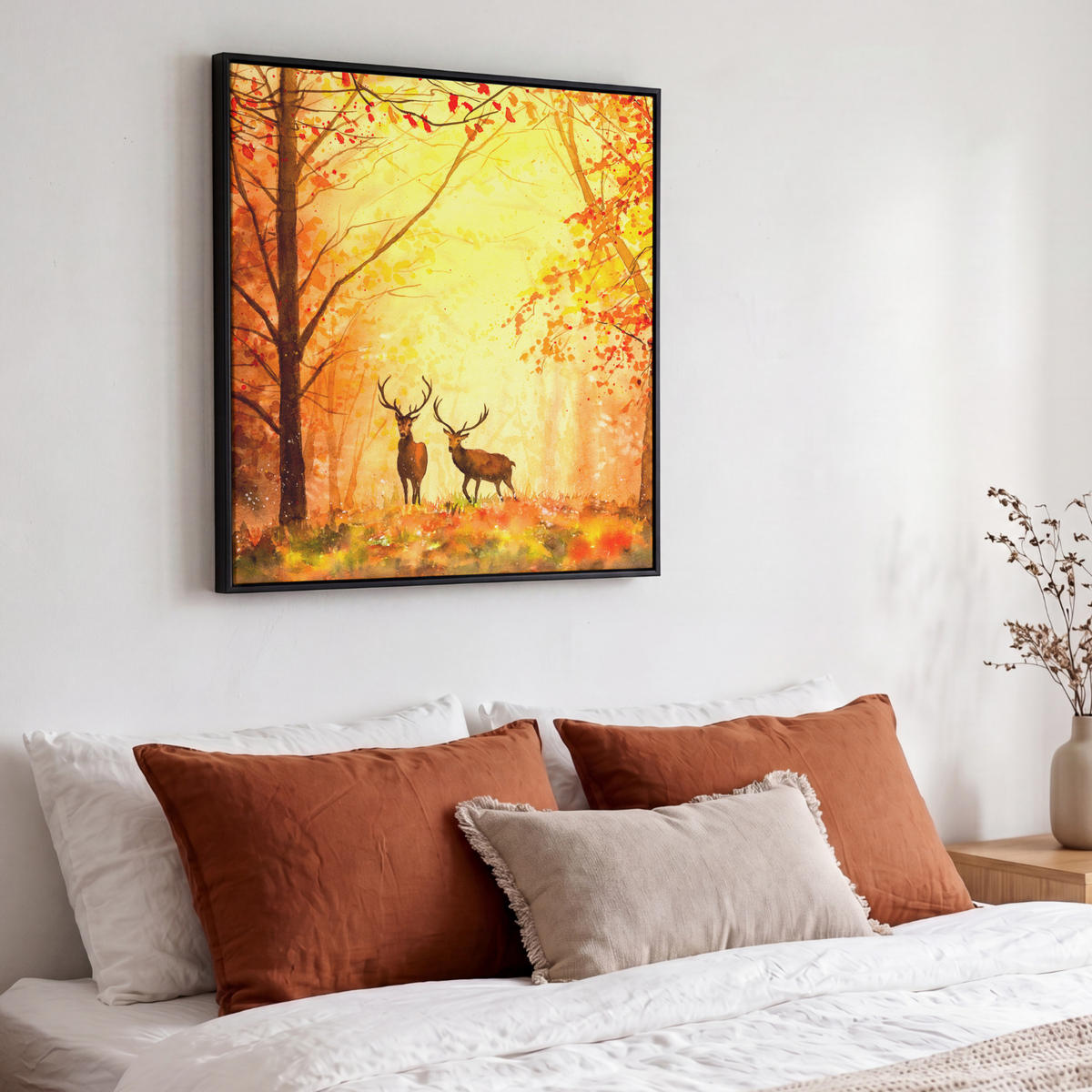 LEINWAND Bilder mit Rahmen - Natur - Ölfarbe - Hirsche - Tiere - Herbst - Orange - 50x50 - Orange, Textil (50/50cm) - MuchoWow