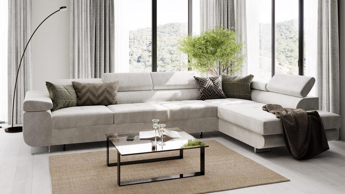 ECKSOFA VEMO NOVA Rechts Dunkelgrau Velours-Stoff mit Schlaffunktion und Bettkasten - Dunkelgrau, Textil (341/202cm) - Barchello
