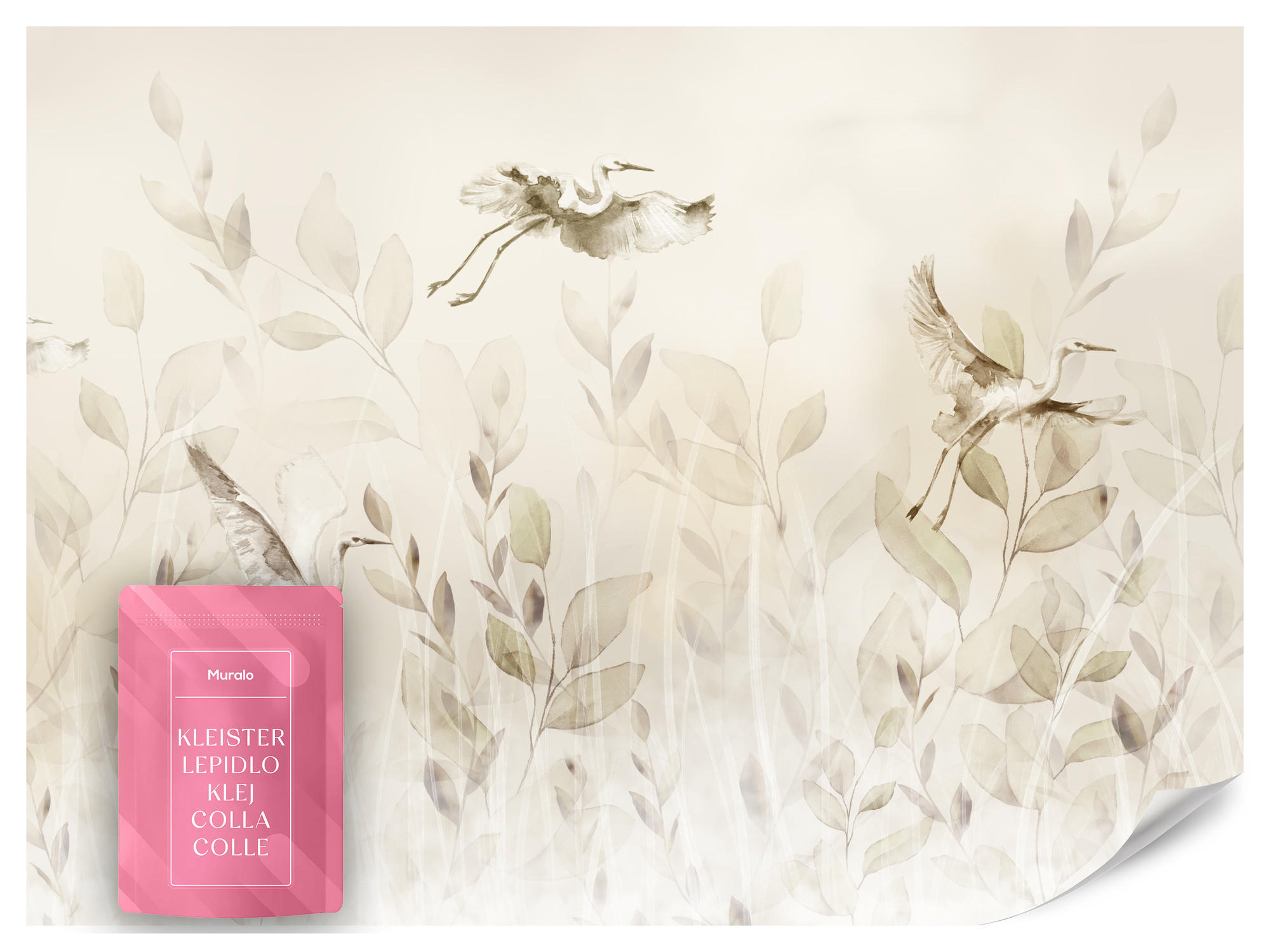 FOTOTAPETE Vögel Blätter Wiese Retro Stil 350x256 - Beige, Papier (350/256cm) - Muralo