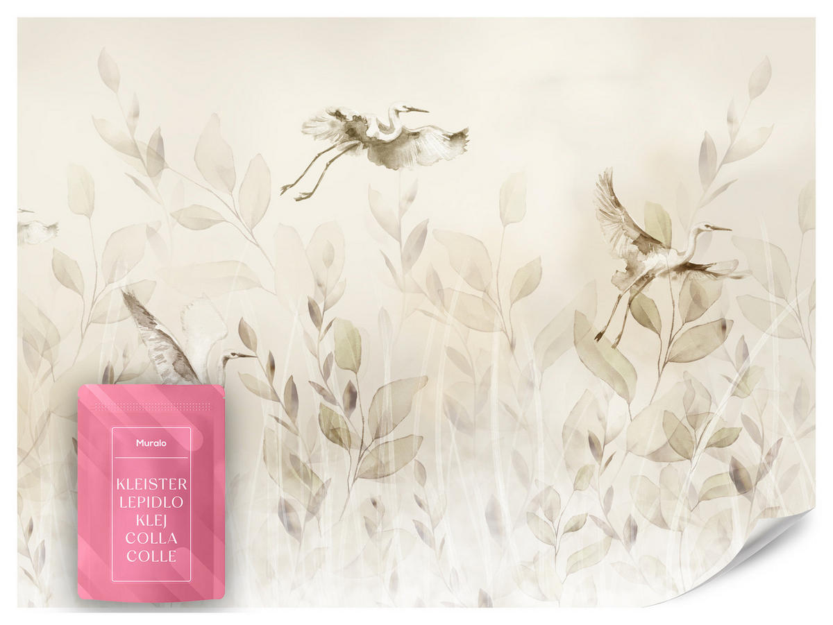 FOTOTAPETE Vögel Blätter Wiese Retro Stil 350x256 - Beige, Papier (350/256cm) - Muralo