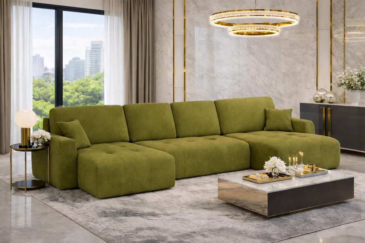 ECKSOFA Mit Schlaffunktion Und Bettkasten U-Form Ivo U, Veloursstoff Salvador, Olive - Olivgrün, Holz (342/142cm) - Kaiser Möbel