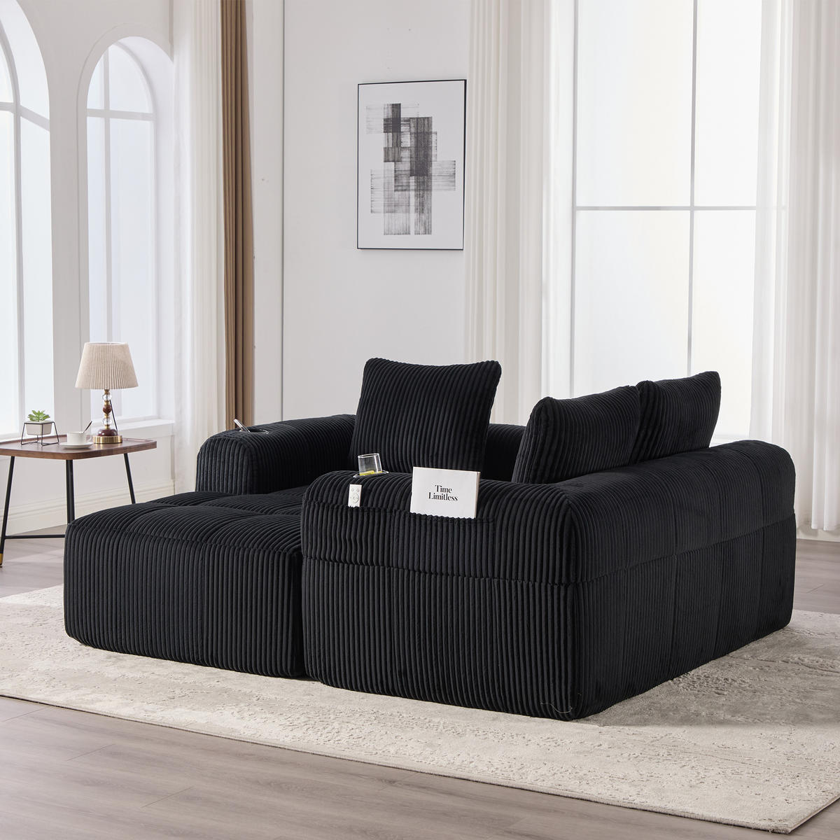 ECKSOFA 253/158/61 cm Schwarz mit Seitentasche und Getränkehalter - Schwarz, Textil (253/158cm) - Oxeza