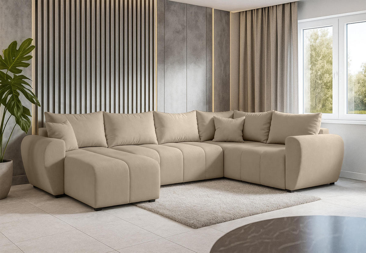 WOHNLANDSCHAFT Malatya U Form MAX Hellbraun 311/145/82 cm mit Schlaffunktion - Hellbraun/Schwarz, Kunststoff/Textil (208/82/303cm) - AX Living