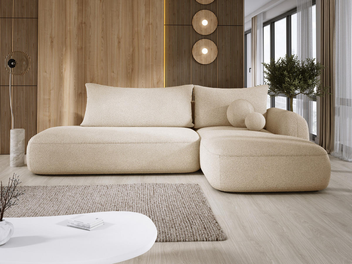 ECKSOFA BABU mit Schlaffunktion, Moderne Polsterecke für Wohnzimmer, funktionales Schlafsofa im Stoff NOW OR NEVER, 300x105x60cm rechte, beige​ - Sandfarben, Holz/Textil (300/190cm) - DomoHome