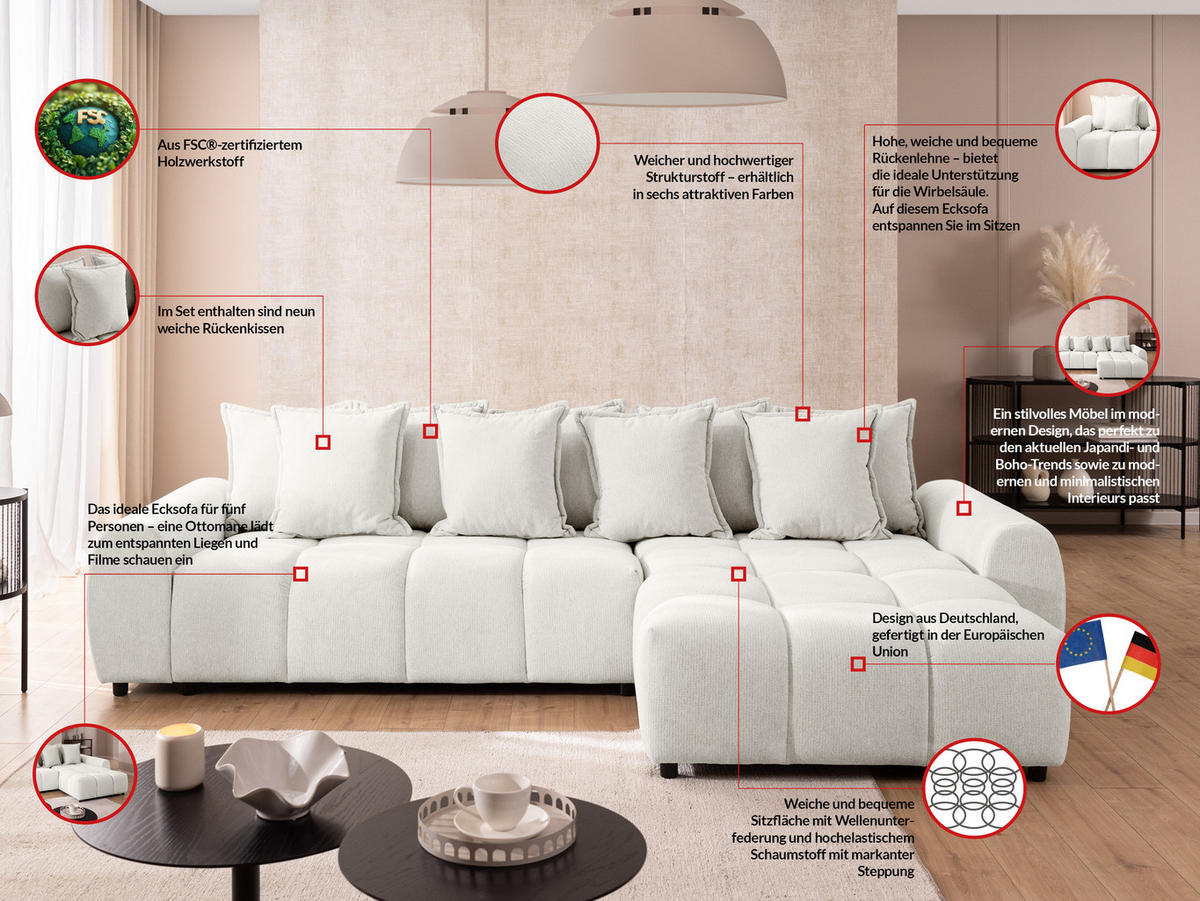 ECKSOFA Bubble mit losen Rückenkissen und Sitzfläche in Bubble-Optik aus weichem Creme Strukturstoff mit schöner Sitzkomfort - Ottomane rechts - Creme/Schwarz, Holz/Kunststoff (306/180cm) - S-Style Möbel