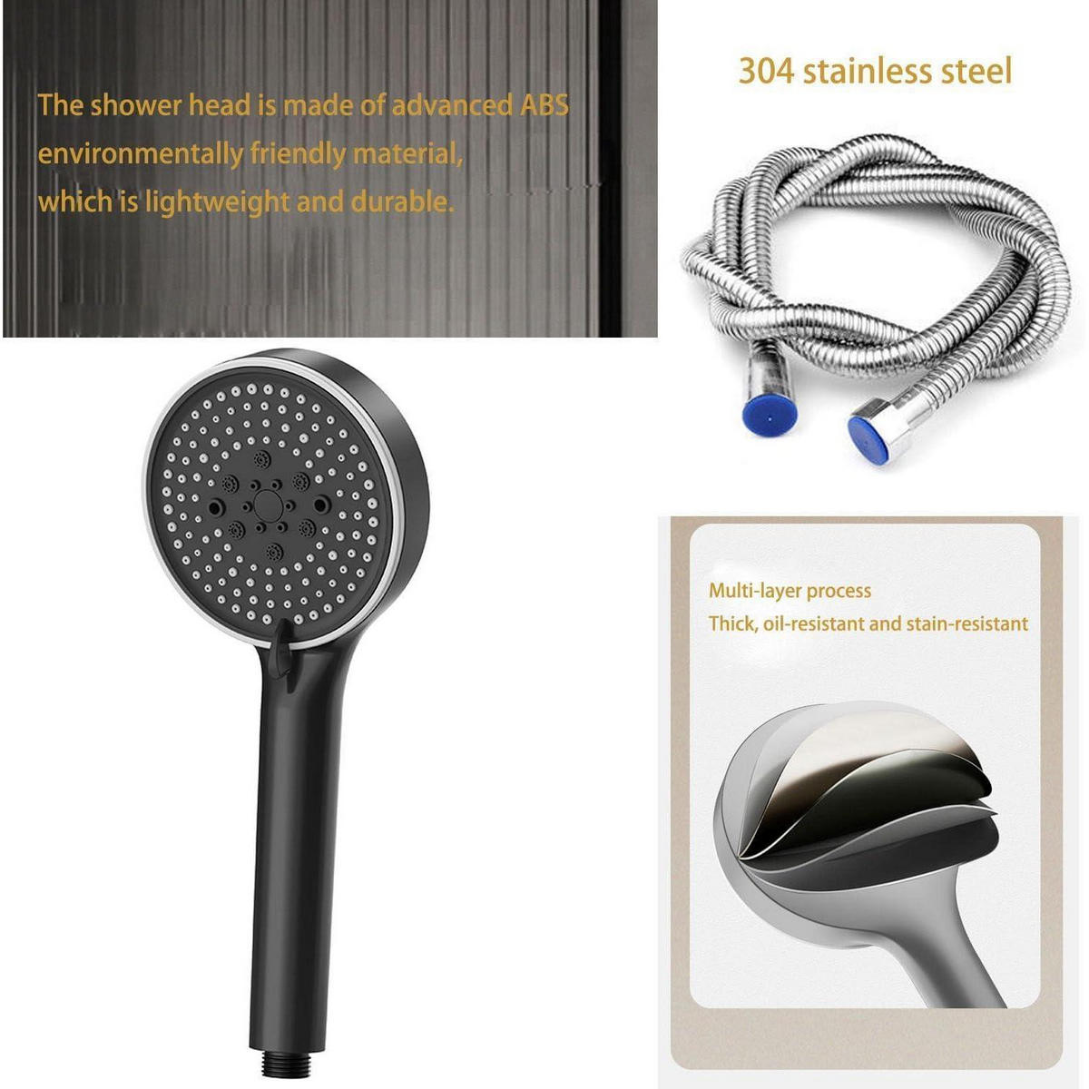 HANDBRAUSE Set mit 2M Schlauch 5 Strahlarten Schwarz - Schwarz, Kunststoff (12/12.7/29cm)