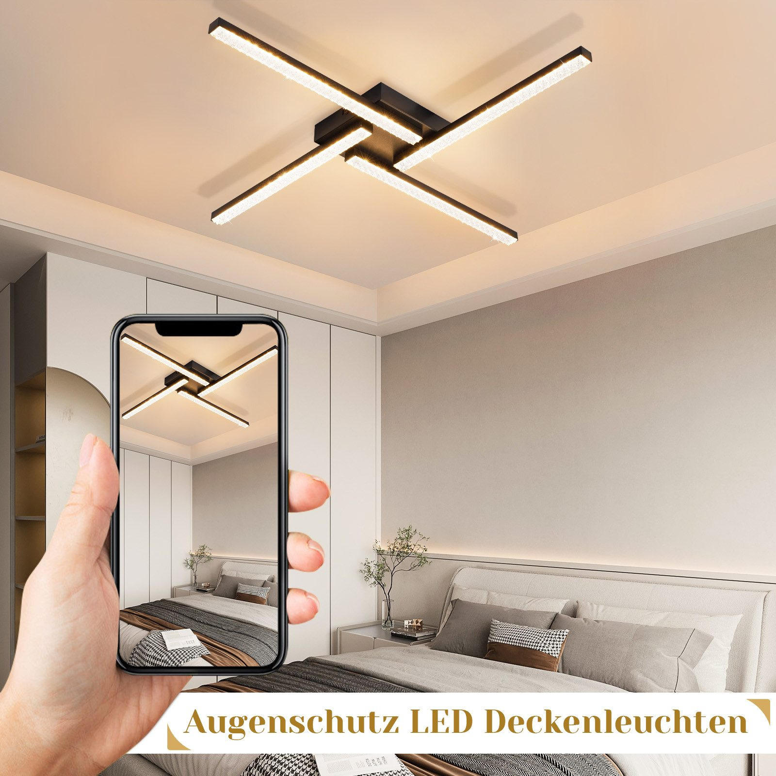 LED Deckenleuchte 48W Warmweiß (3000K) – Flach (4 Cm), Schwarz, Für Wohnzimmer, Schlafzimmer, Flur, Inkl. Montagematerial