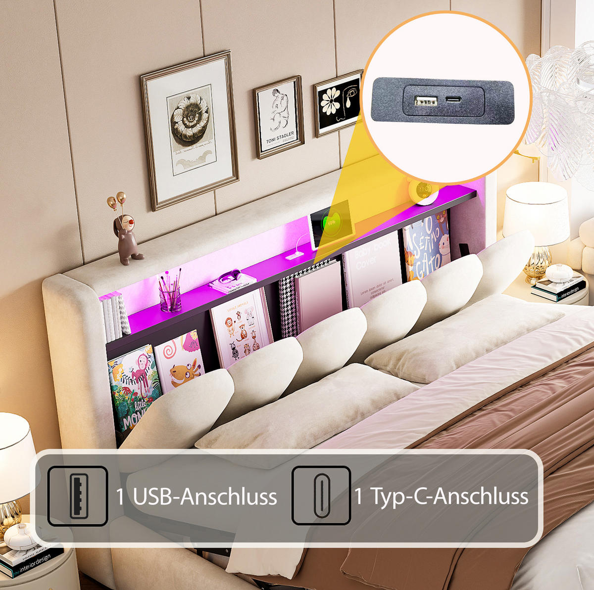 POLSTERBETT 180/200 cm aus Samt mit LED, USB-, Typ-C-Anschluss und hydraulischem Bettkasten, Beige - Beige, Textil (180/200cm) - Redom