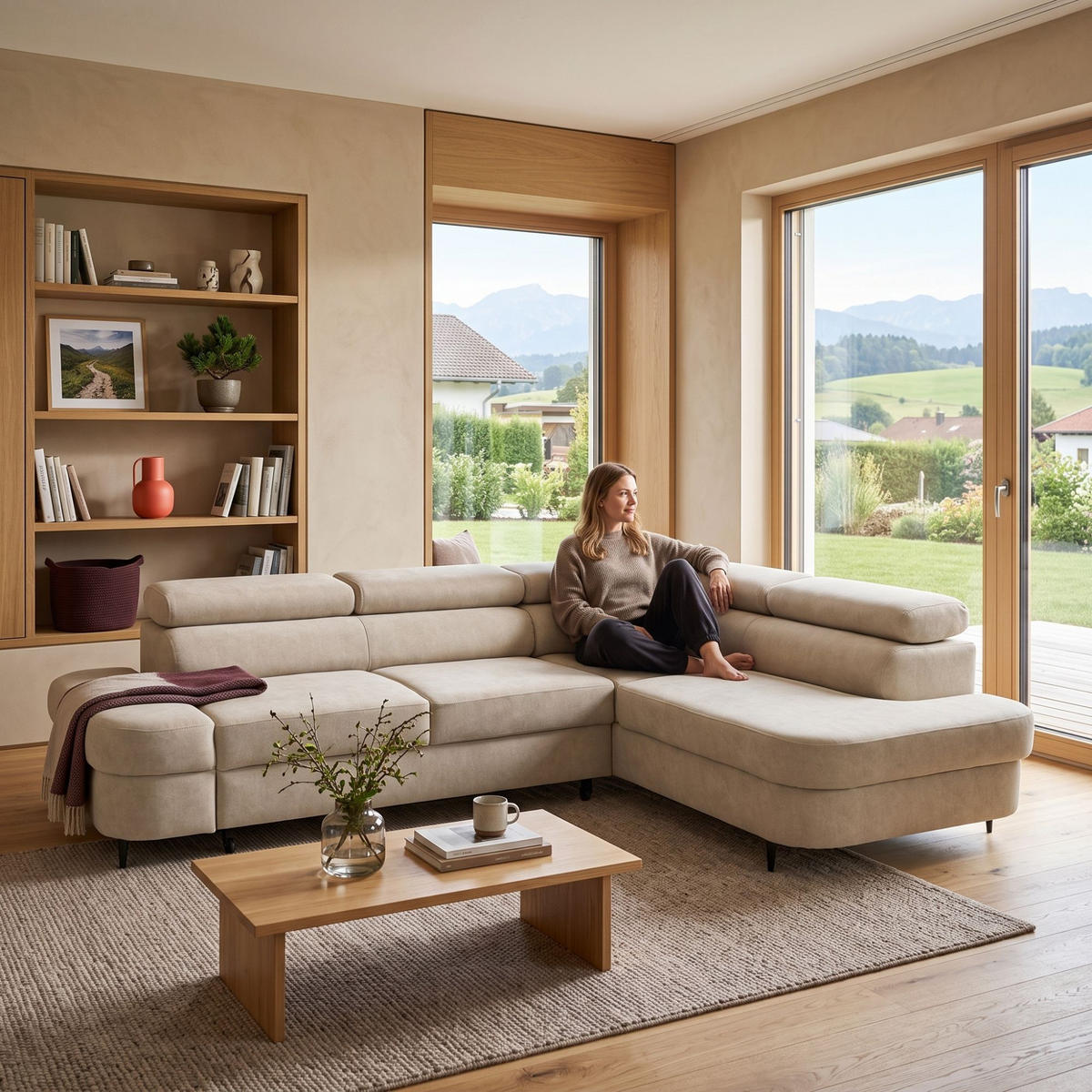 ECKSOFA PRIAM L Rechts mit Schlaffunktion 125x195 Velours Beige - Beige/Schwarz, Holz/Textil (203/275cm) - Muffo