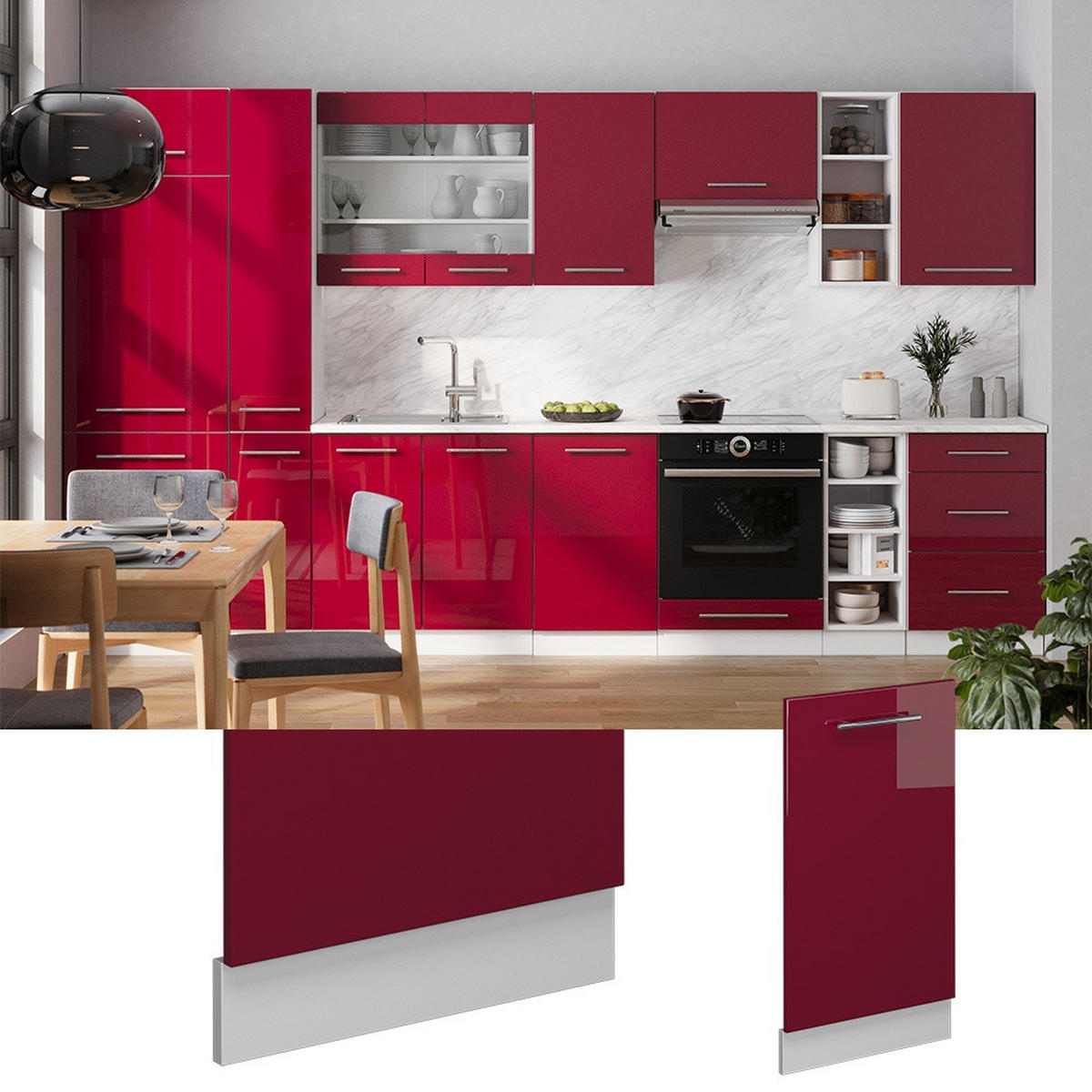 SPREDNJA PLOŠČA POMIVALNEGA STROJA Fame-Line Bordo rdeča barva visokega sijaja 45 cm , DP Antracit - bela/bordo, leseni material (45/81.8/1.6cm) - Vicco