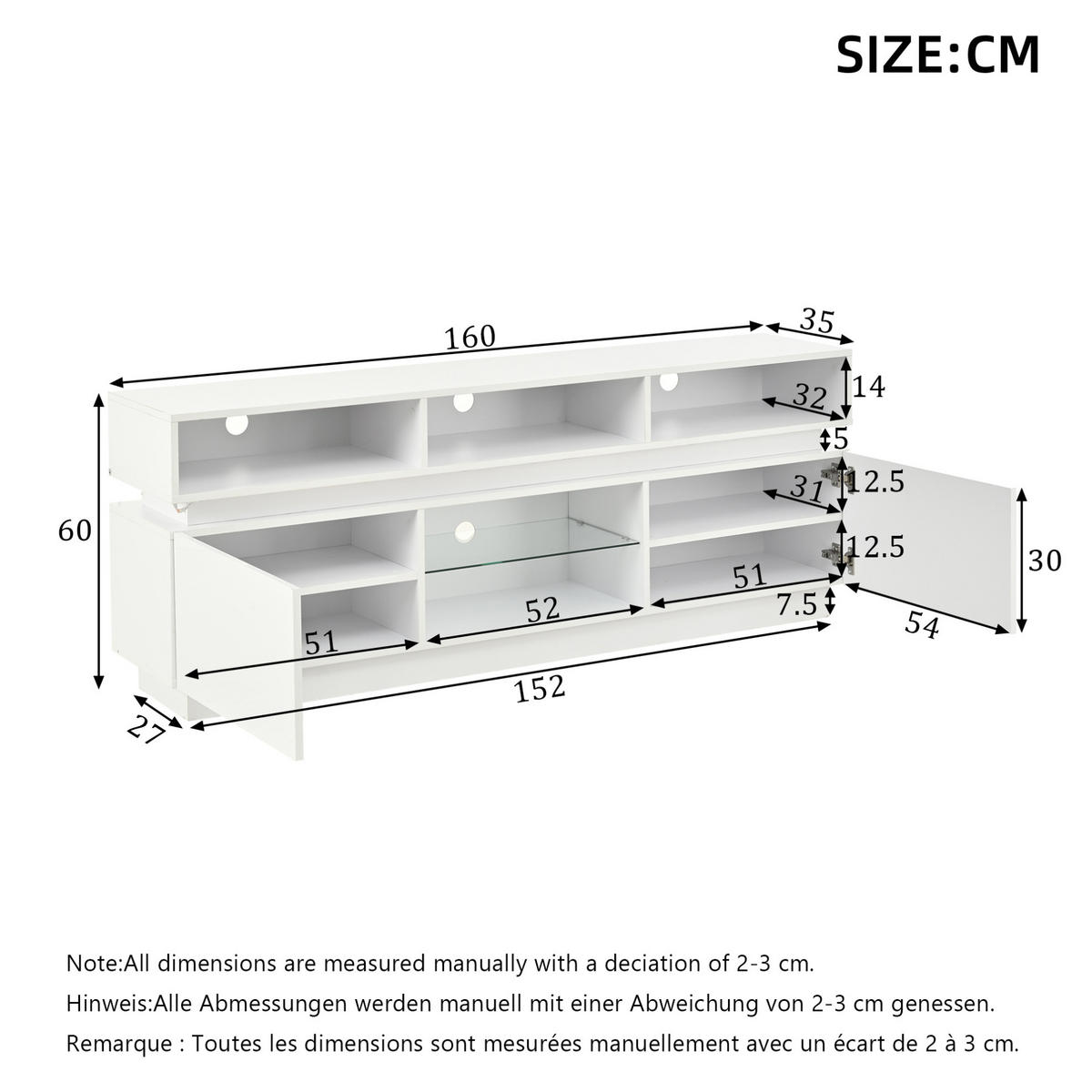TV-ELEMENT mit 10 Fächern 160 x 35 x 60 cm MDF Weiß mit LED - Weiß, Holzwerkstoff (35/60/160cm) - Beauniv