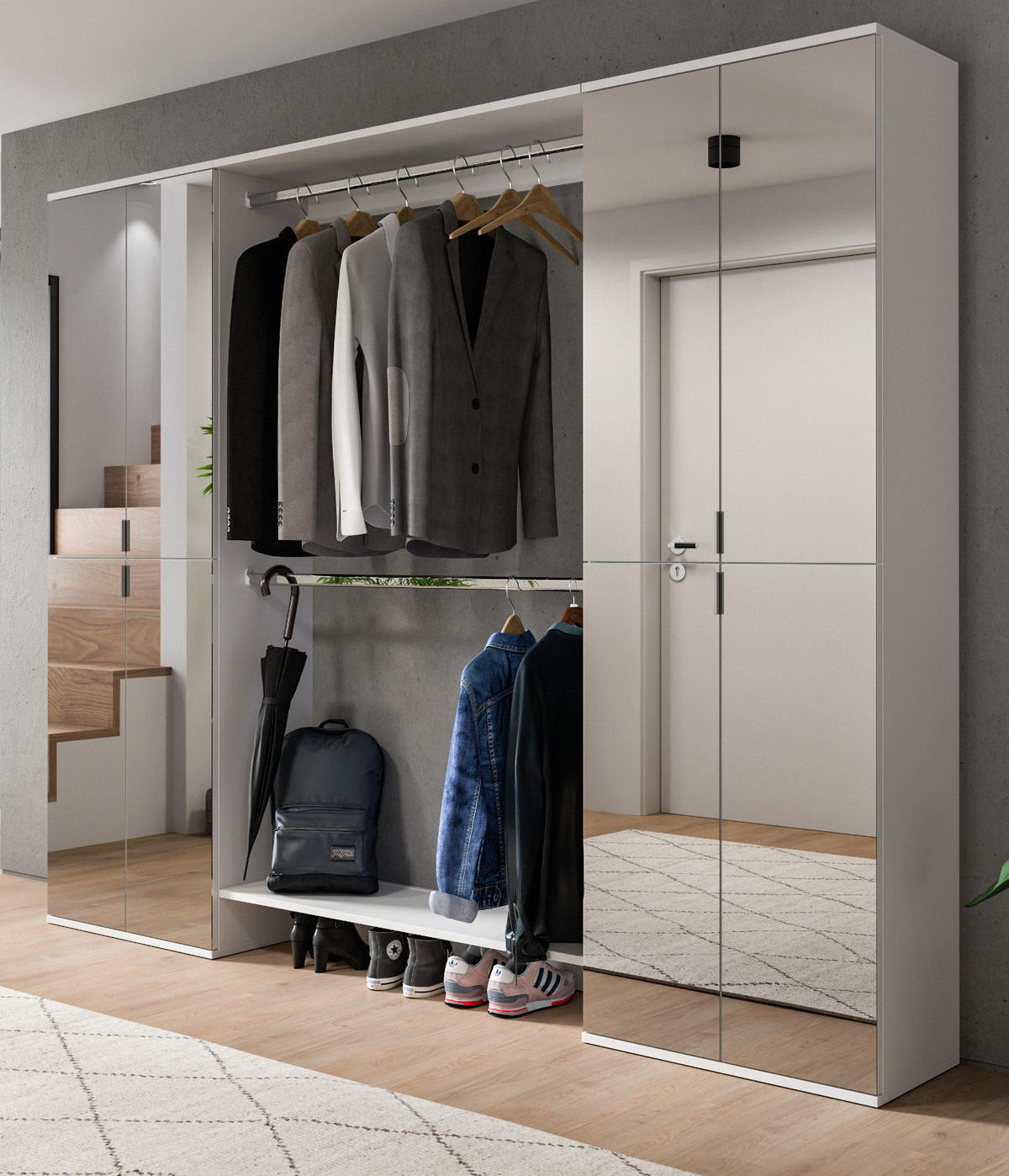 GARDEROBENSCHRANK weiß 232 cm, Flurgarderobe XXL mit Spiegeltüren - Chromfarben/Weiß, Holzwerkstoff/Kunststoff (232/193/34cm) - Inn.Furn