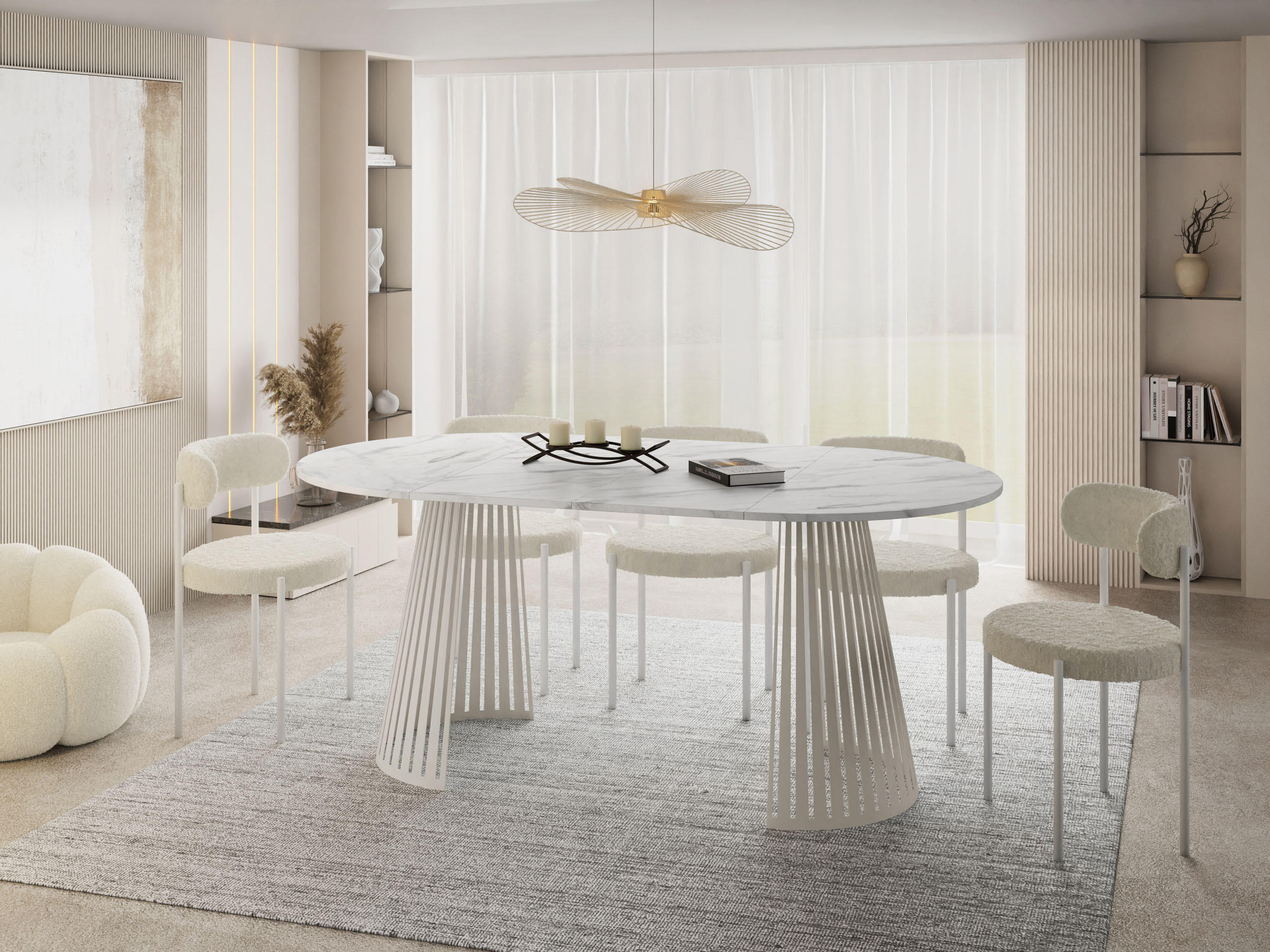 ESSTISCH Naro rund ausziehbar mit Lamellen-Metallgestell in Beige Kaschmir, Marmor Weiß 120-200/120/76 cm - Kaschmir/Ecru, Holzwerkstoff/Metall (120/120/76cm) - WFL GROUP