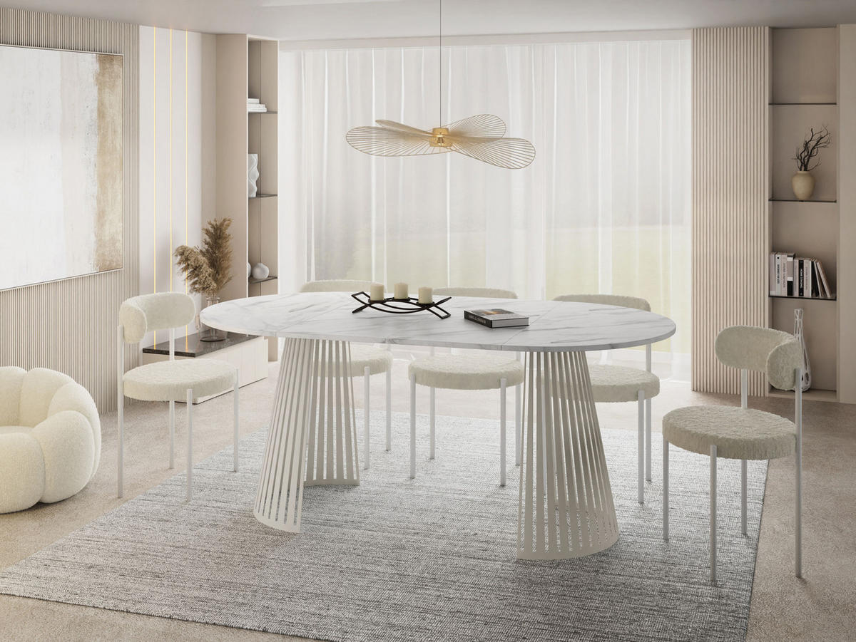 ESSTISCH Naro rund ausziehbar mit Lamellen-Metallgestell in Beige Kaschmir, Marmor Weiß 100-180/100/76 cm - Kaschmir/Ecru, Holzwerkstoff/Metall (100/100/76cm) - WFL GROUP