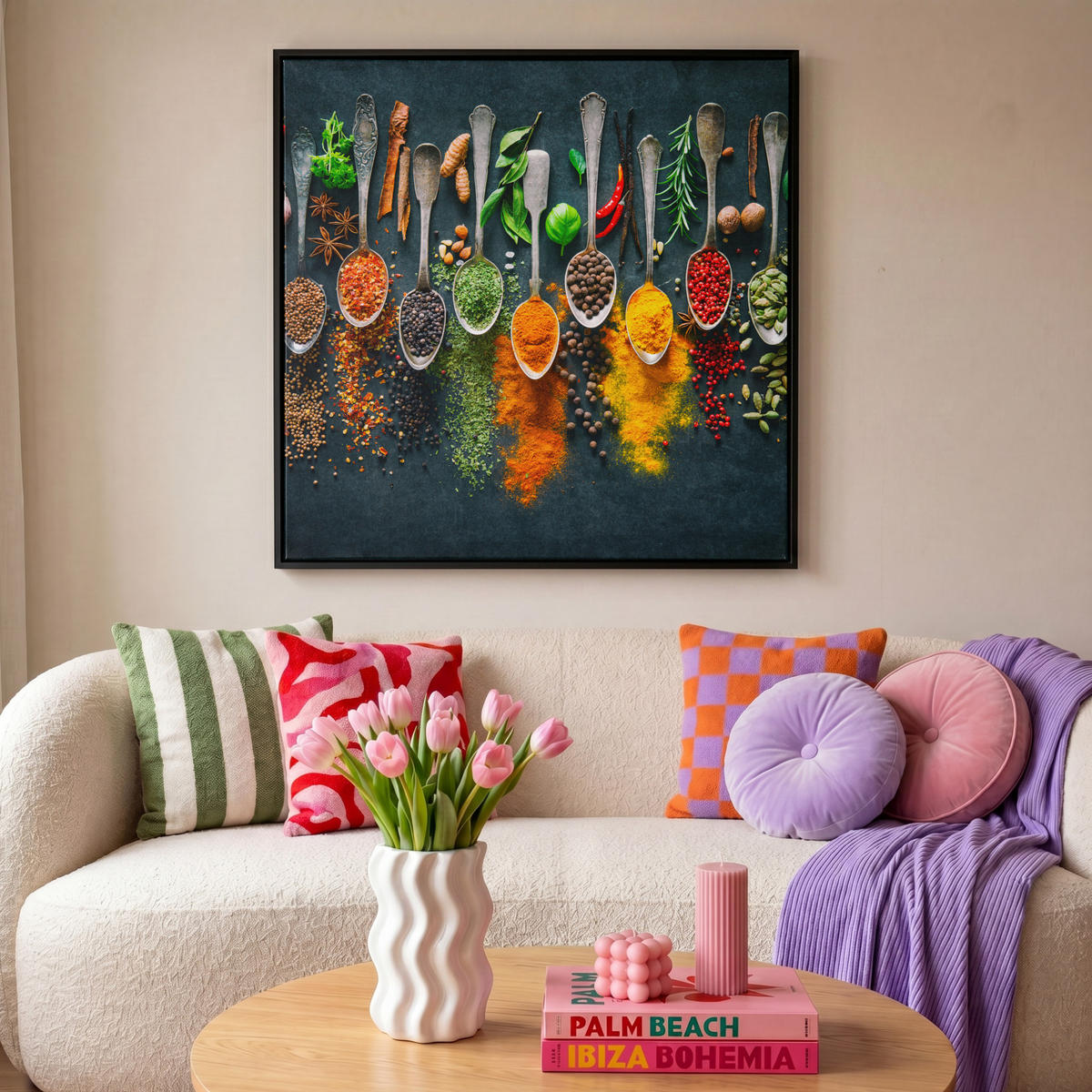 LEINWAND Bilder mit Rahmen - Kräuter - Gewürze - Löffel - 90x90 - Currygelb, Textil (90/90cm) - MuchoWow