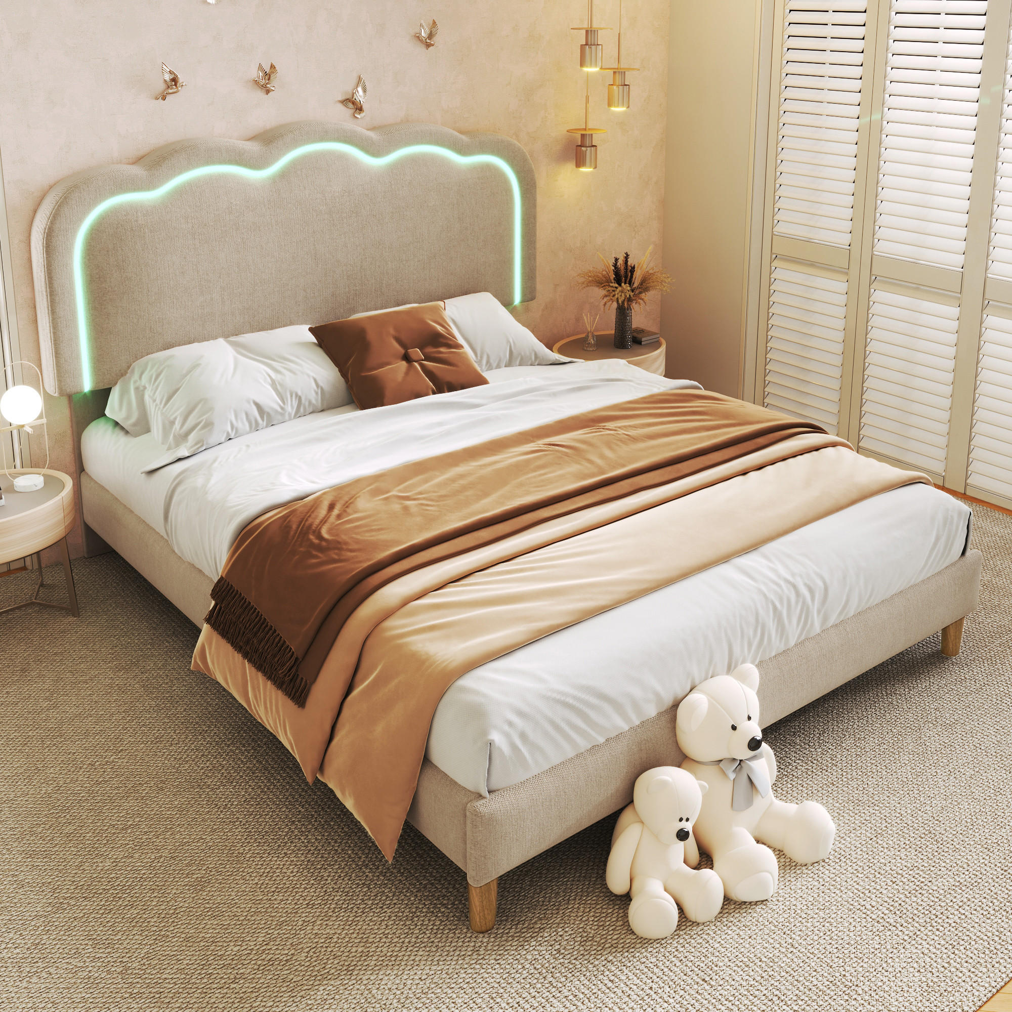 POLSTERBETT 140/200 cm in Beige Samt mit Lattenrost - Beige, Holz/Textil (140/200cm) - KOMHTOM