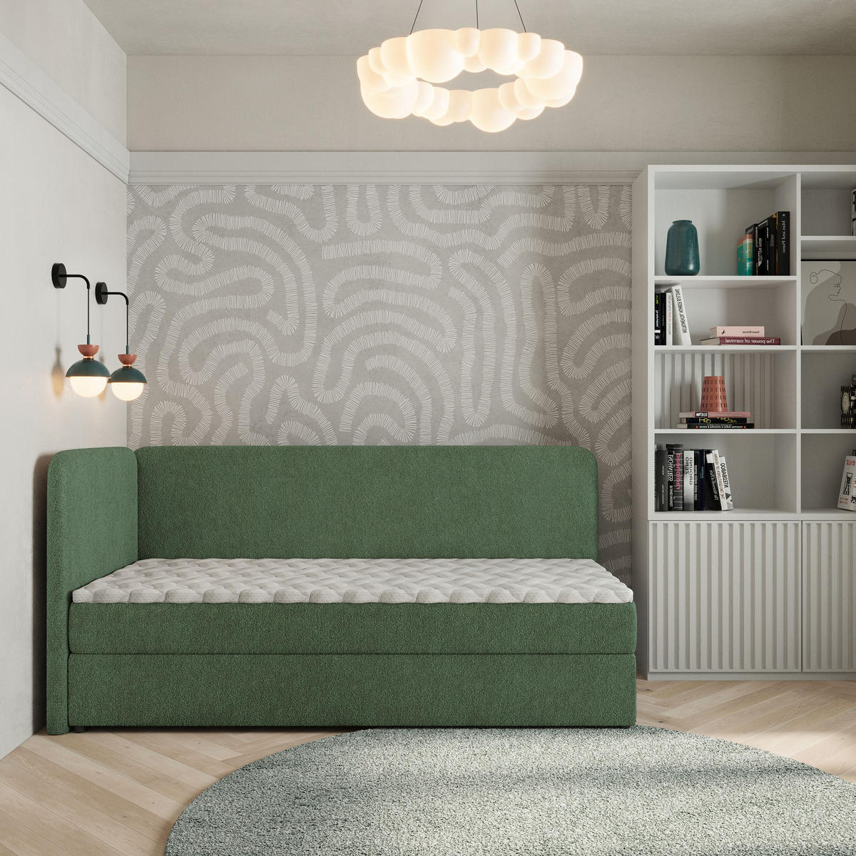 BOXBETT GINA 80x200 cm mit Matratze und Topper, H2+H3 - Grün - Grün, Holz (80/200cm) - MASSENO