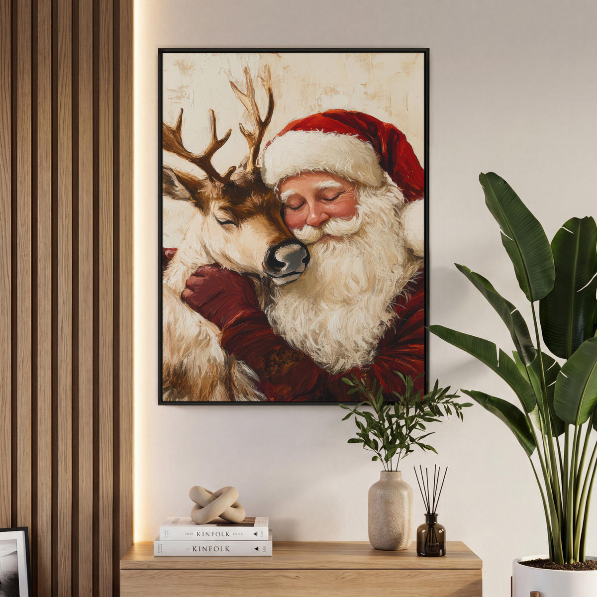 LEINWAND Bilder mit Rahmen - Weihnachtsmann - Rentier - Weihnachten - 70x100 - Rotbraun, Textil (70/100cm) - MuchoWow