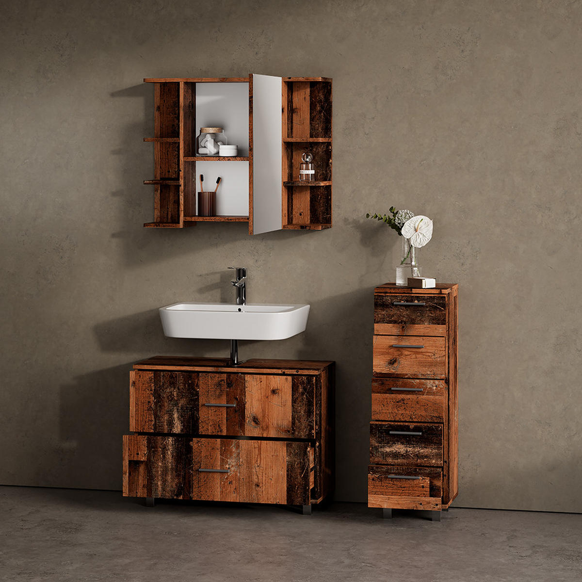 BADMÖBEL-SET Eisak Eiche rustikal 3 Teile, mit Unterschrank 80 cm - Wildeiche, Holzwerkstoff (80/60/33cm) - Livinity®