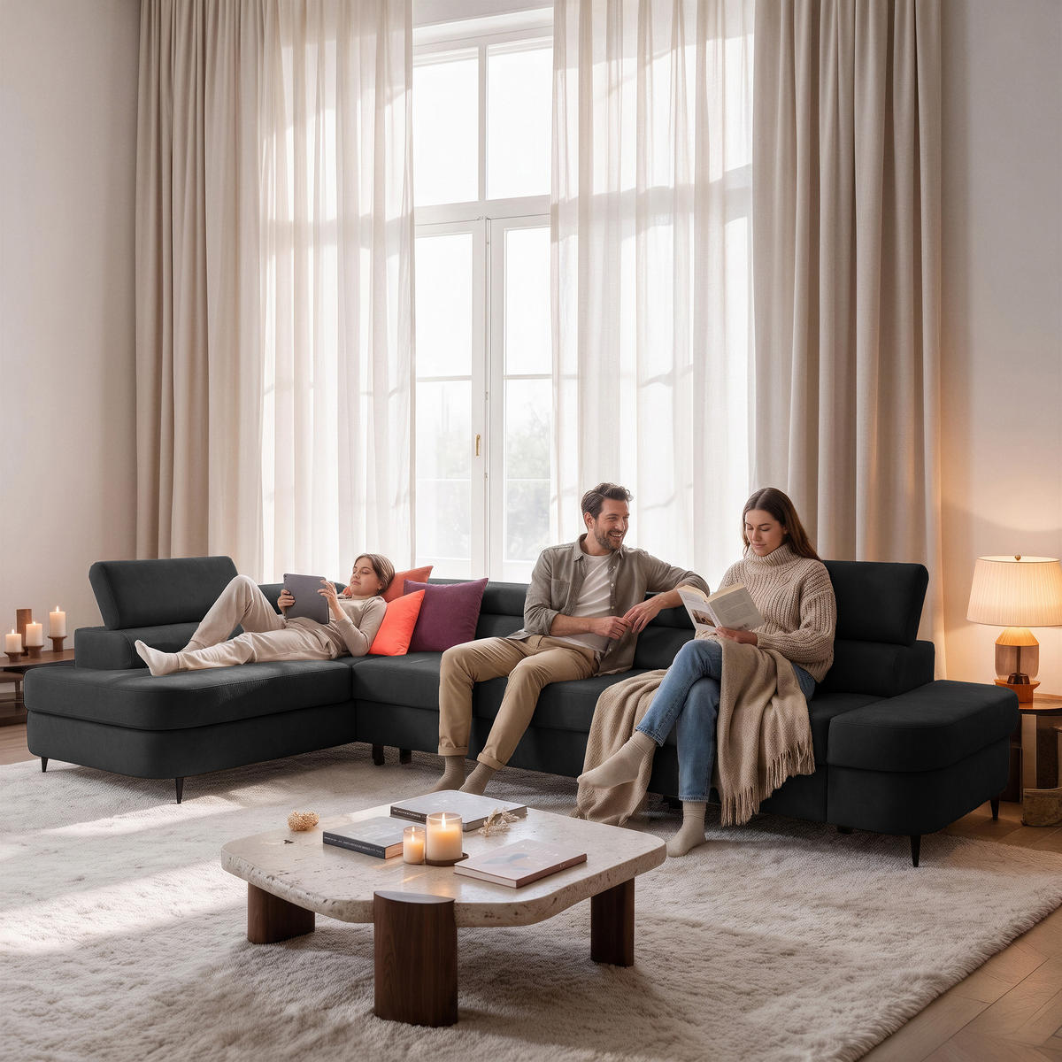 ECKSOFA PRIAM MAXI L-Form Links mit Schlaffunktion 125x195 Velours Anthrazit - Anthrazit/Schwarz, Holz/Textil (203/350cm) - Muffo
