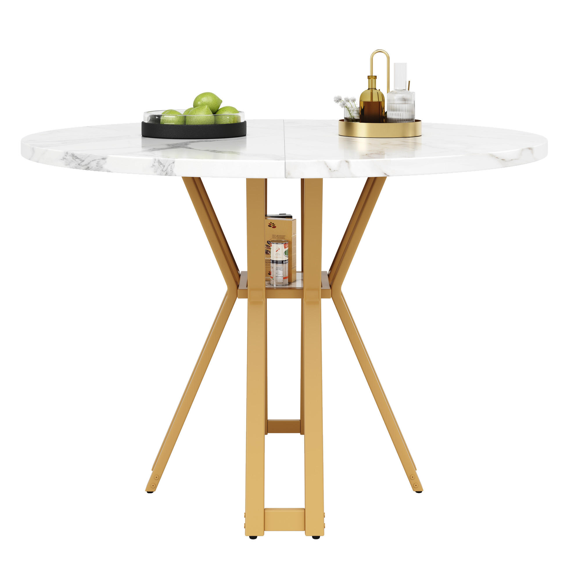 Modfu JÍDELNÍ stůl z MDF a kovu 100x100x76 cm bílá/zlatá s mramorovým dekorem a nastavitelnými nožkami