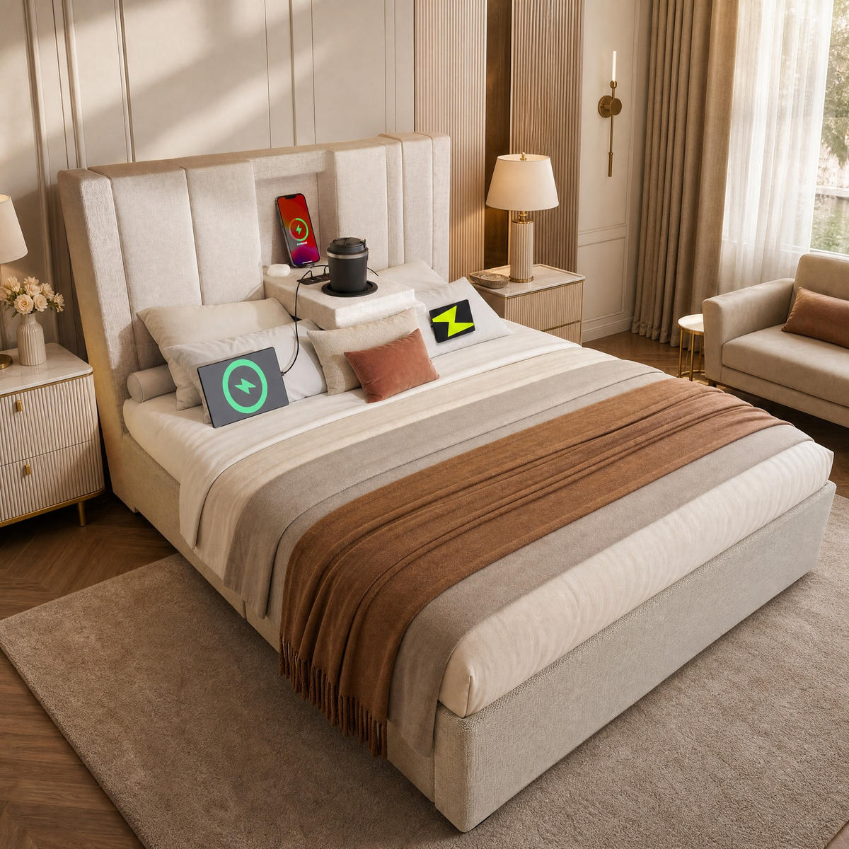 POLSTERBETT 90/200 mit Bettkasten und USB in Beige - Beige, Holzwerkstoff/Textil (90/200cm) - EVRYAE