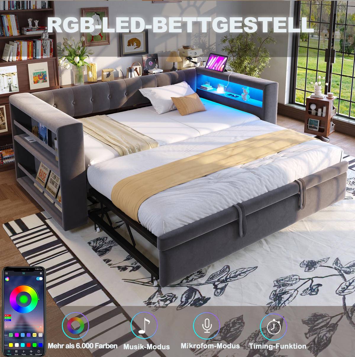 POLSTERBETT 90/180/190 cm aus Flannelette mit LED und Steckdose, Dunkelgrau - Dunkelgrau, Textil (90/190cm) - OKMYHOME