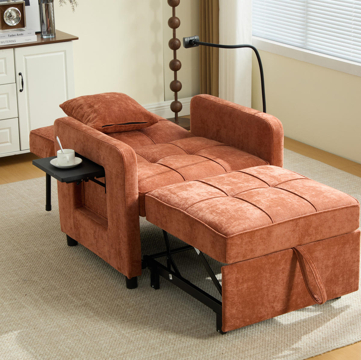SCHLAFSESSEL 167/79/83 cm in Orange aus Chenille mit Liegefunktion und Stauraum - Orange, Textil (167/83/79cm) - BEAOK