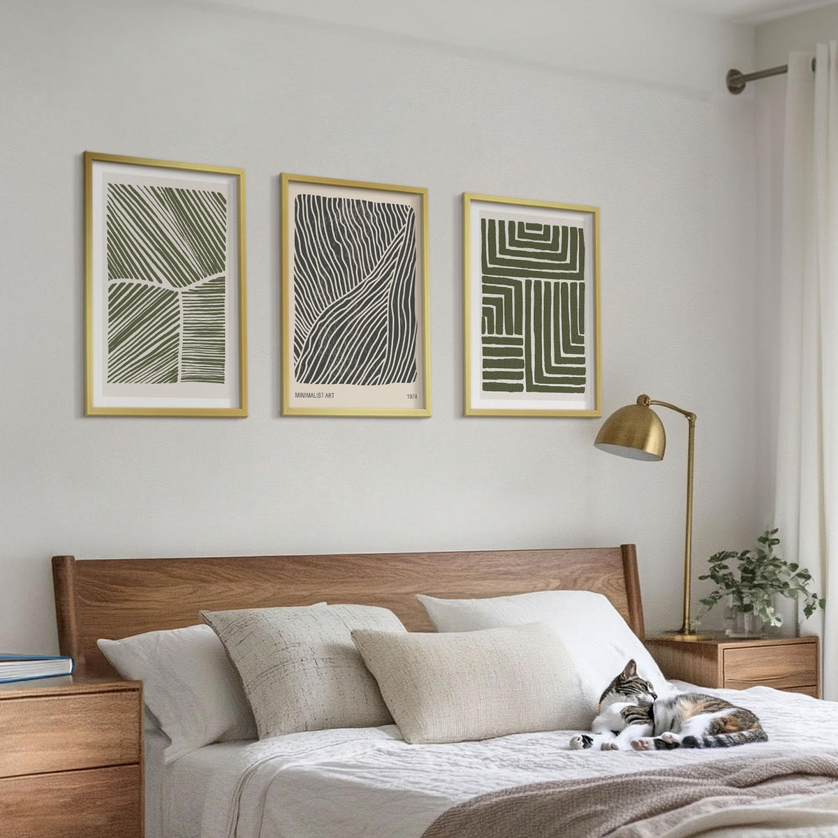 WANDBILDER 3er Set - 40x60 cm Goldrahmen - Muster Linien Formen grün - Goldfarben, Kunststoff (40/60cm) - ArtPrintCave