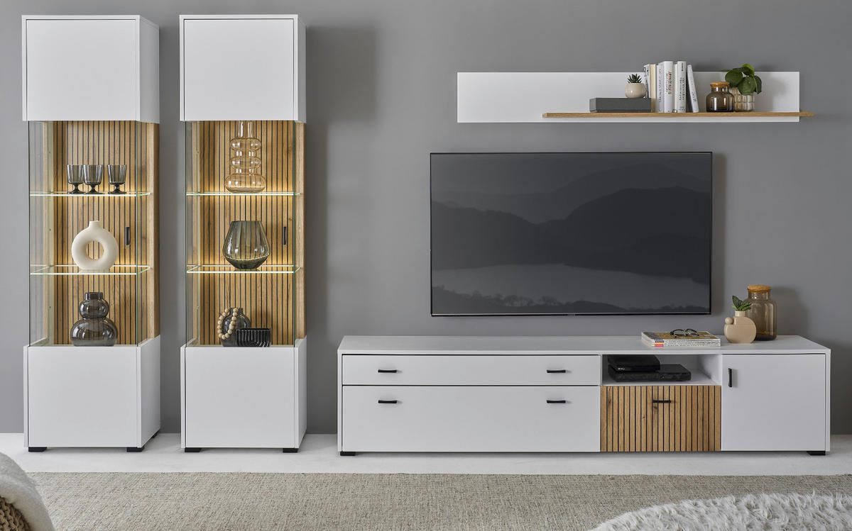 WOHNWAND 4-teilig matt weiß, Eiche 316 x 180 cm, Wohnkombination mit 2 x Vitrine und Soft-Close - Eichefarben/Schwarz, Glas/Holzwerkstoff (316/180/42cm) - Furn.Design