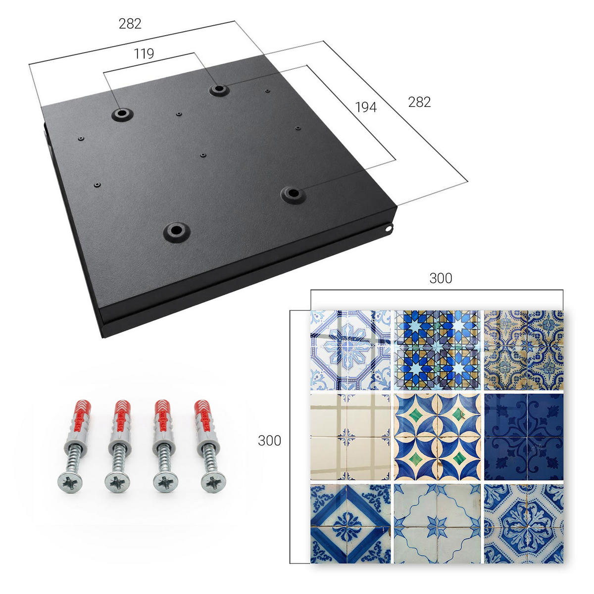 SCHLÜSSELBOX Schwarz 30x30 cm- Türöffnung nach rechts - Azulejos-Fliesen - Blau, Metall (30/30/5cm) - TULUP