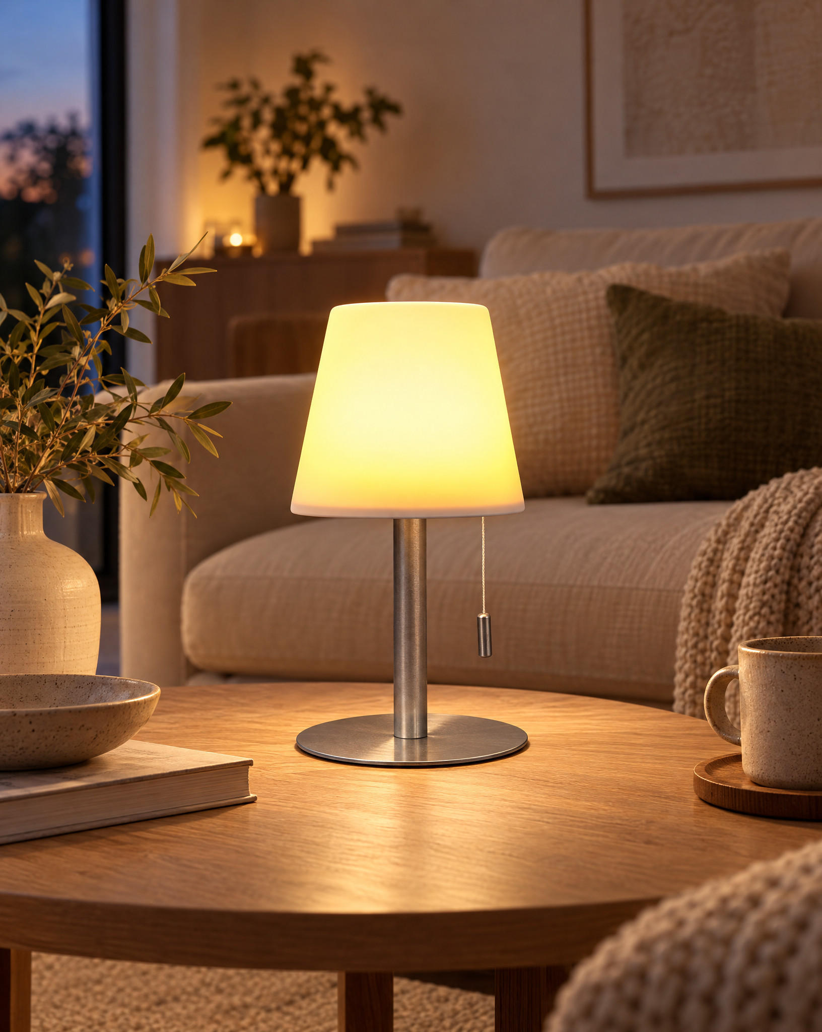LED-TISCHLEUCHTE mit Akku 4400mAh stufenlos dimmbar Farbwechsel Zugschnur Metall-Standfuß silber H 30cm - Weiß, Metall (17/17/30cm) - Northpoint
