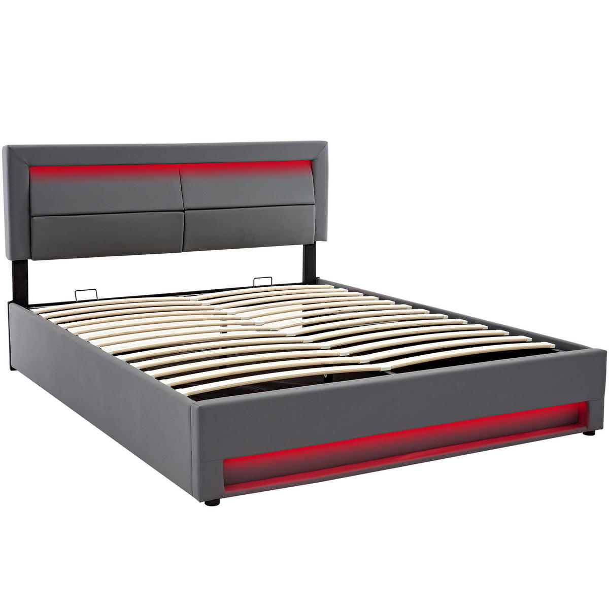 POLSTERBETT aus PU 160x200 cm Grau mit LED-Beleuchtung, USB-Anschlüssen und Stauraum - Grau, Kunststoff (160/200cm) - IVMEU
