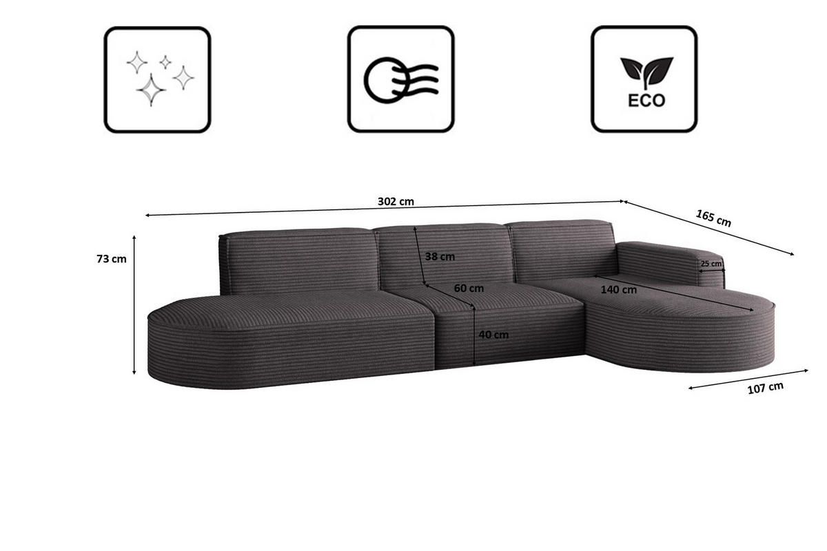 ECKSOFA Designer, Sofa L form MODENA 302 cm stoff Poso Dunkelgrau Rechts - Dunkelgrau, Holz (302/296cm) - Kaiser Möbel