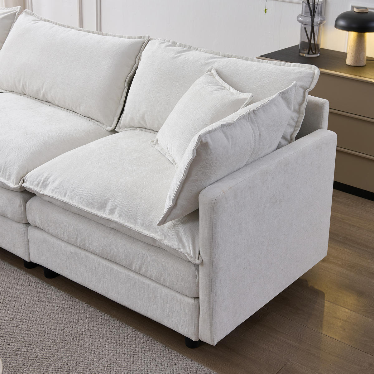 ECKSOFA Chenille Beige mit Hocker und Kissen - Beige, Holzwerkstoff/Kunststoff (267/154cm) - WISHDOR