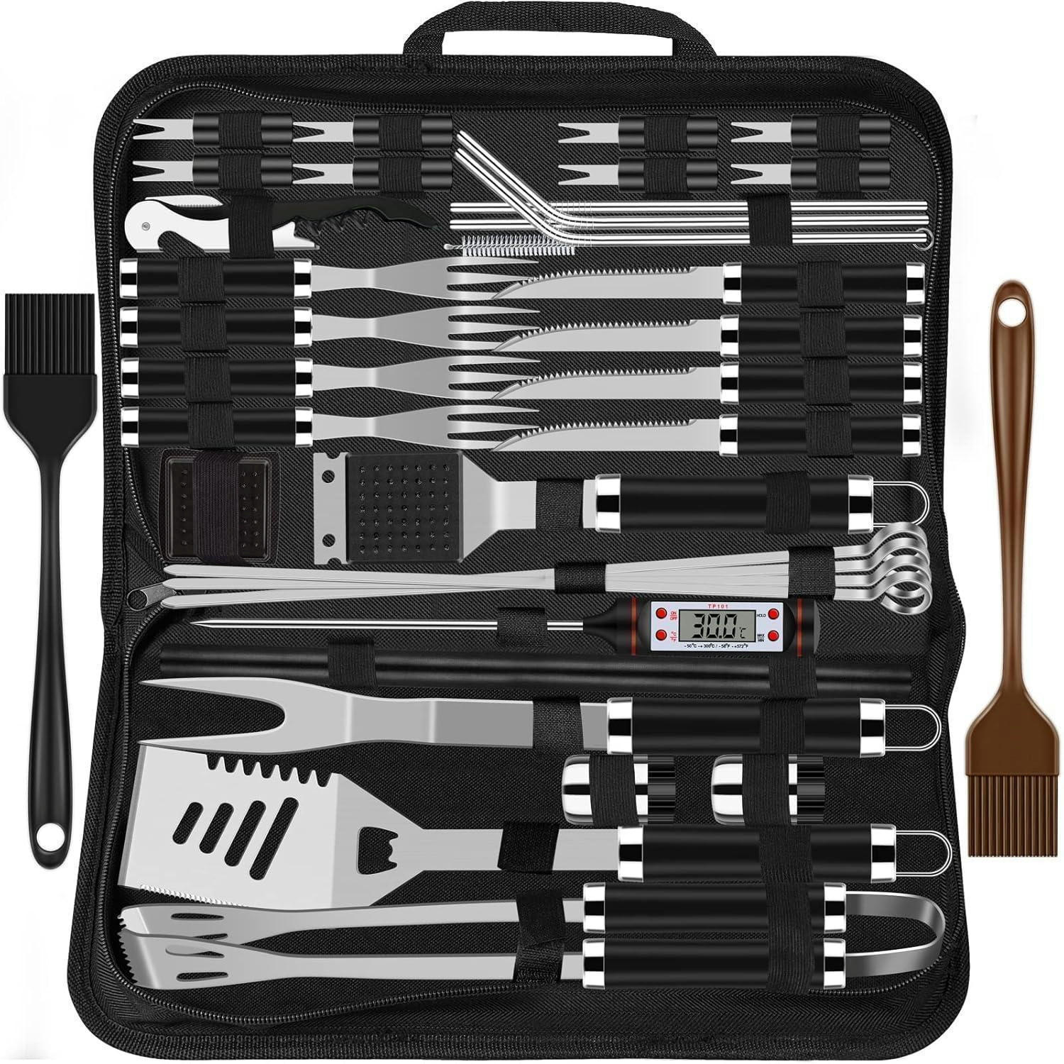 GRILLBESTECK Set 38-teilig Edelstahl mit Koffer und Grillmatte - Schwarz, Metall (39cm)