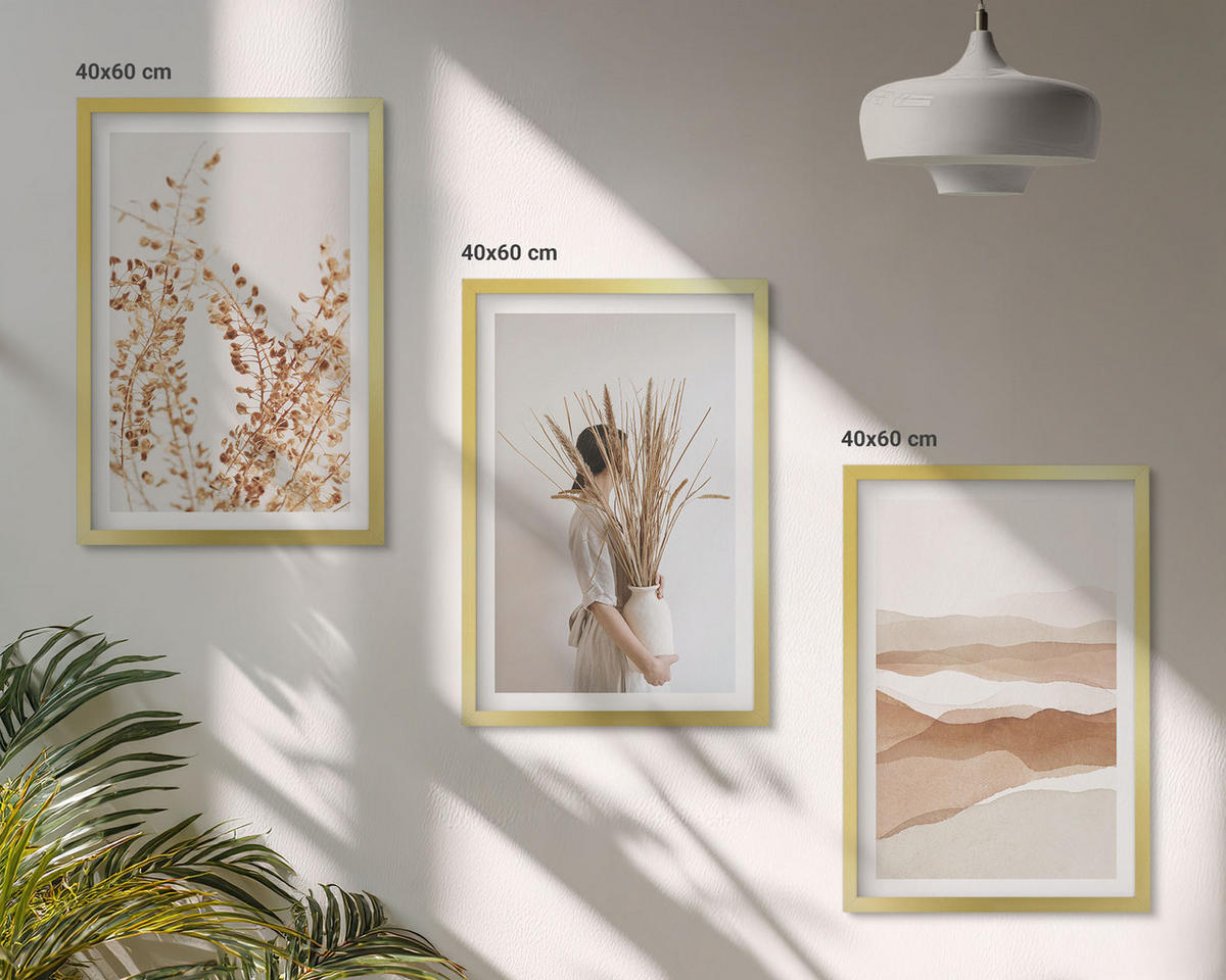 BILDER SET 3er Set - 40x60 cm Goldrahmen - Rustikale Boho-Blumenmotive - Goldfarben, Kunststoff (40/60cm) - TULUP