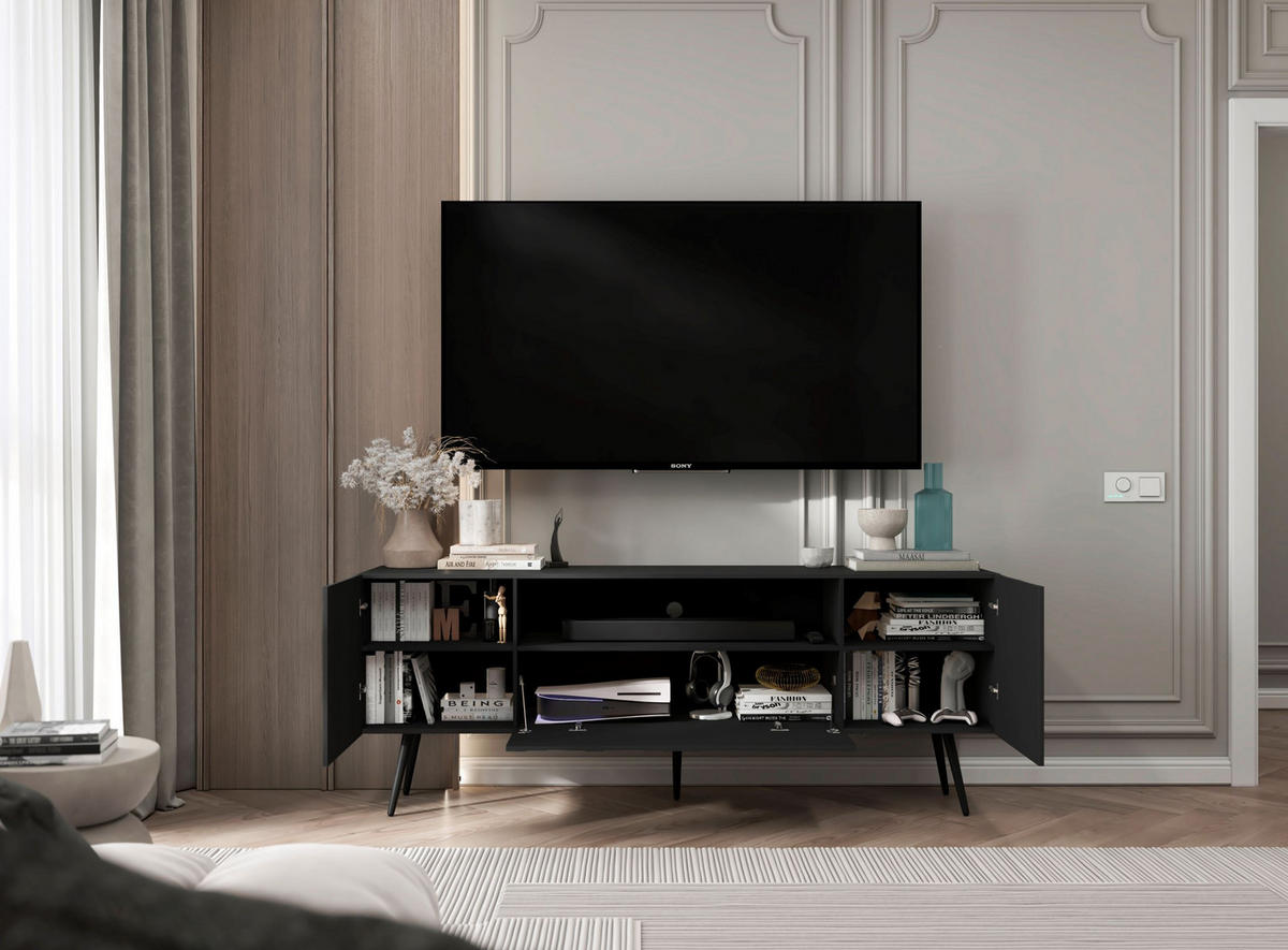 TV-SCHRANK Elpis Schwarz Matt mit Metallbeine Glamour 150 cm - Schwarz, Holzwerkstoff/Metall (150/60.5/36.5cm) - Meble Lindner