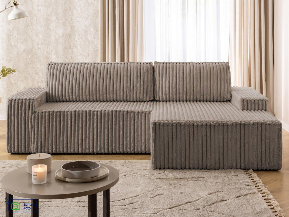 ECKSOFA Rivio mit Schlaffunktion und Bettkasten, Plüschcord Taupe - Taupe/Schwarz, Holz/Kunststoff (262/149cm) - S-Style