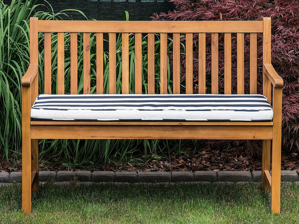 GARTENBANK zertifiziertes Holz hellbraun Auflage blau gestreift 120 cm Vivara - Hellbraun/Blau, Holz (120/88/61cm) - Beliani
