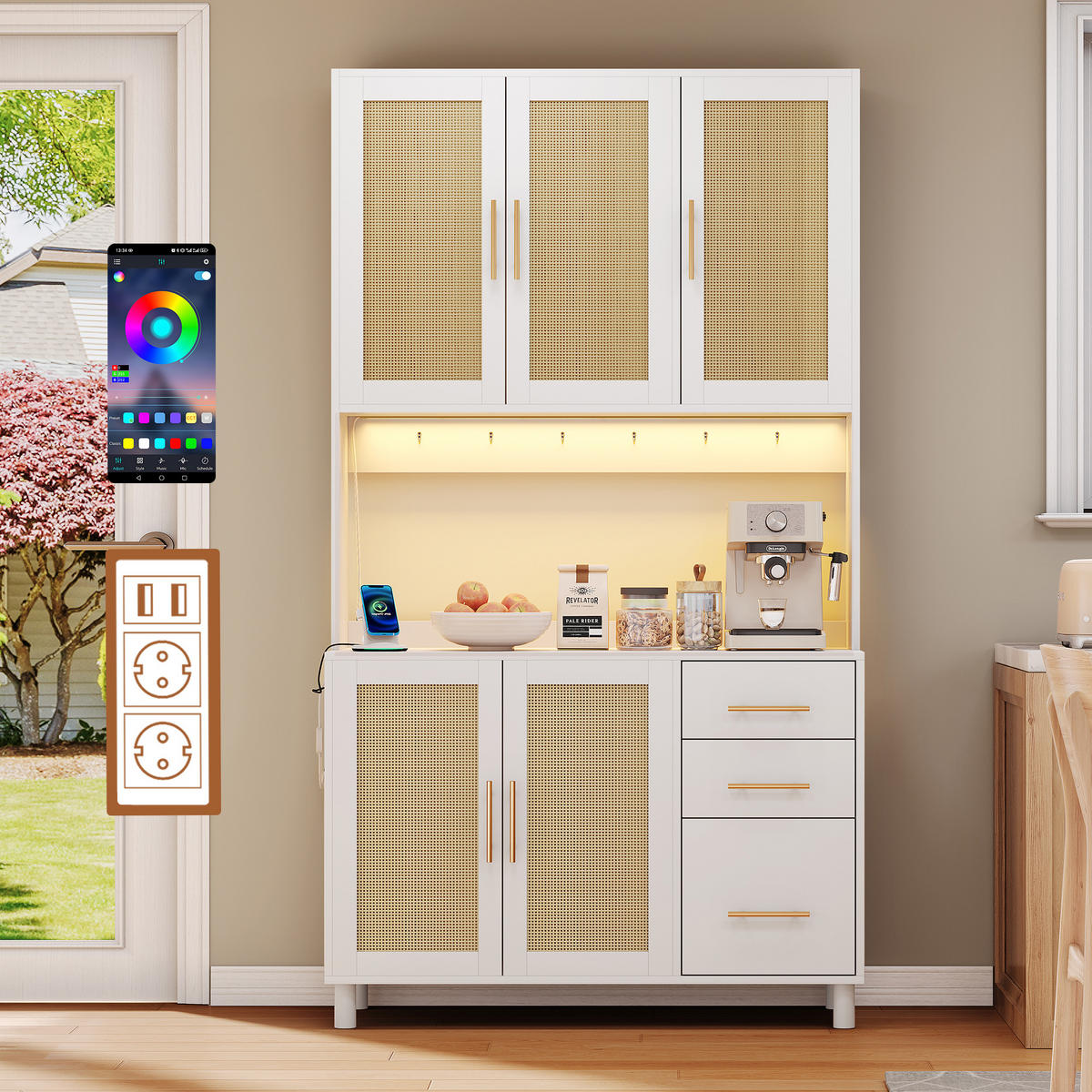 ANRICHTE mit 3 Schubladen, LED-Beleuchtung und Rattan-Optik, 100 x 40 x 183 cm, Weiß, MDF - Weiß, Holzwerkstoff (100/183/40cm) - SONNENH