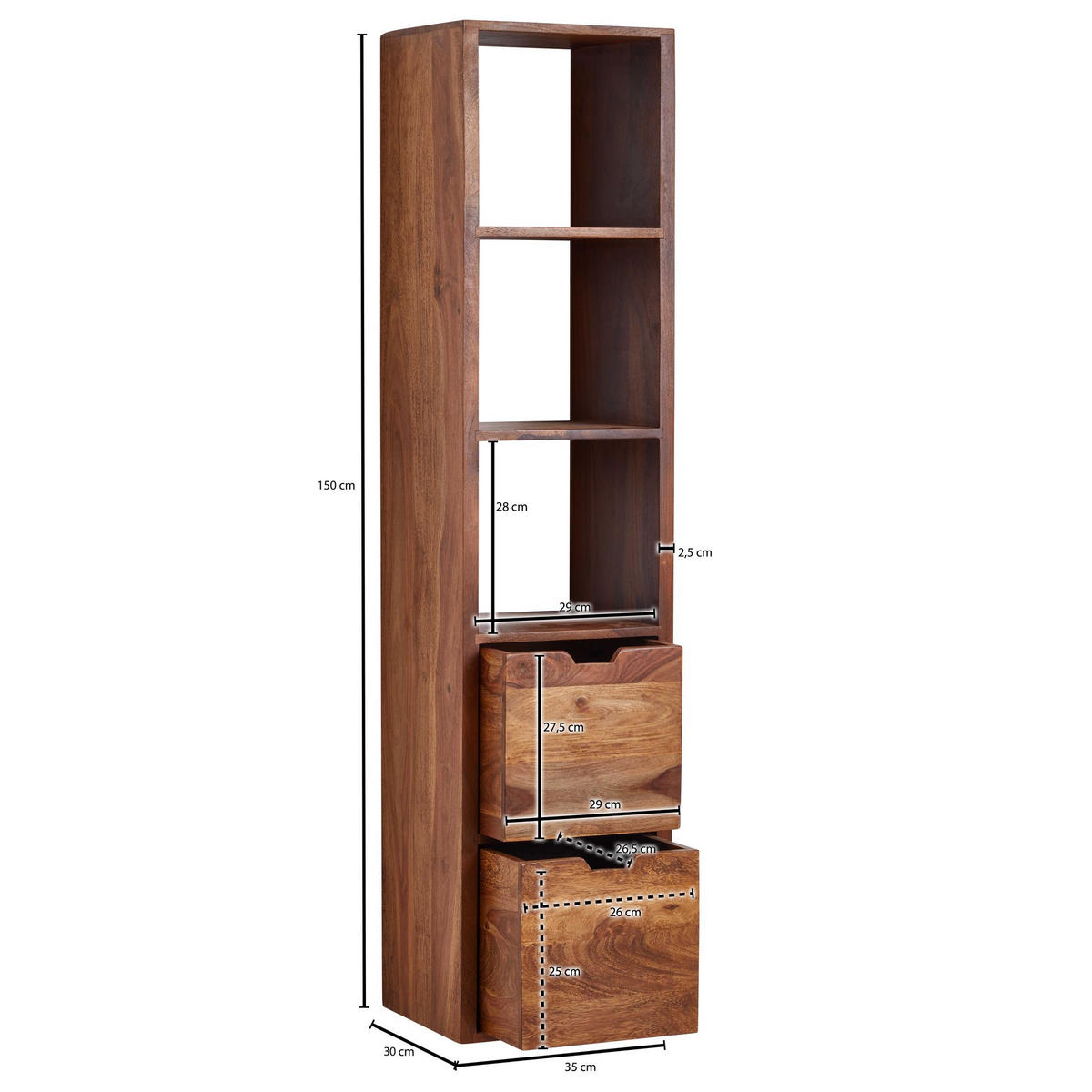 WANDREGAL Massivholz Modern Stil Flexibel mit 5 Ablagen und 2 Schubladen - Braun, Holz (35/150/30cm) - KADIMA DESIGN