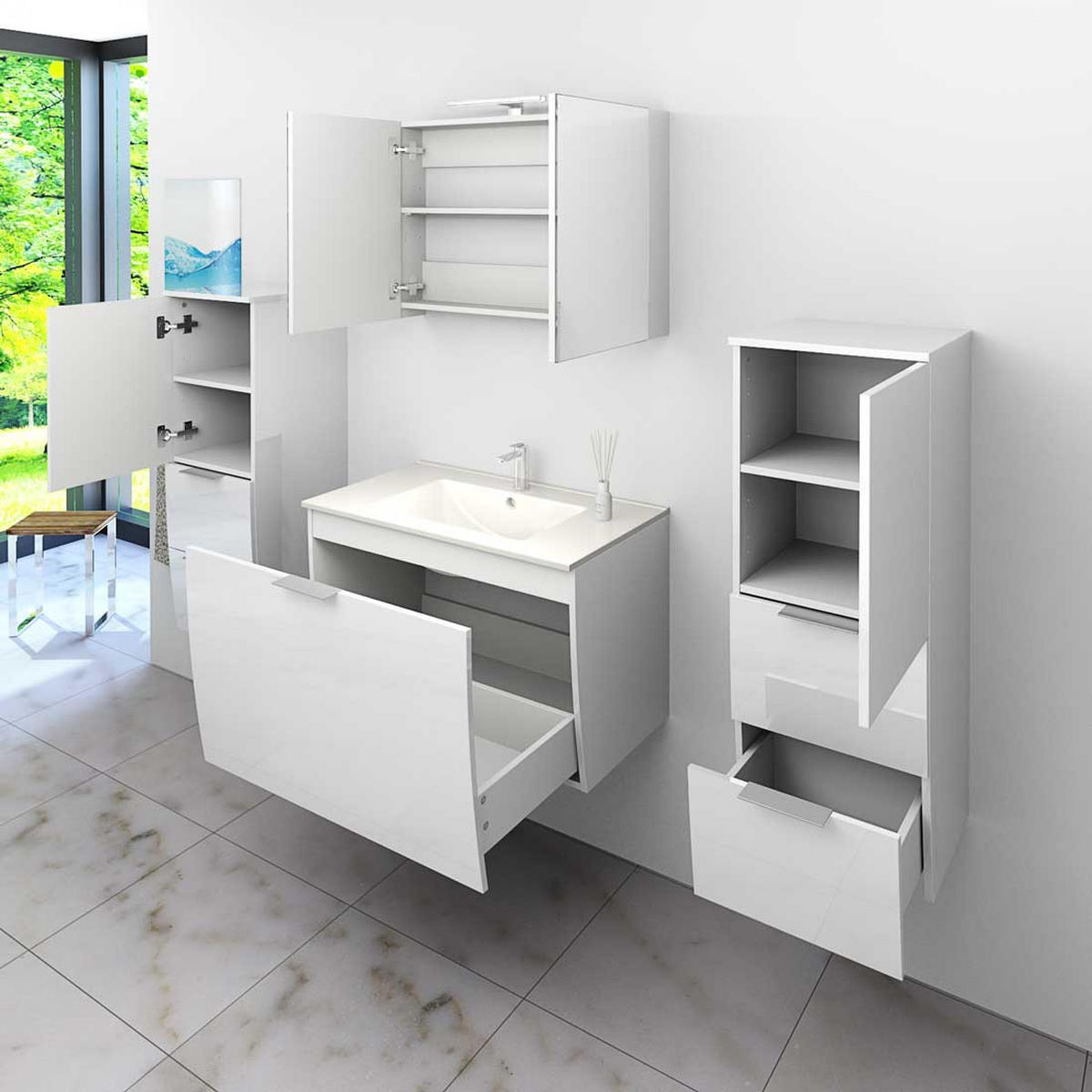 BADMÖBEL Set Gently 1 V3 Weiß MDF Waschtisch 80cm - Weiß, Glas/Kunststoff (46/52/80cm) - AcquaVapore by Sandra Jentho