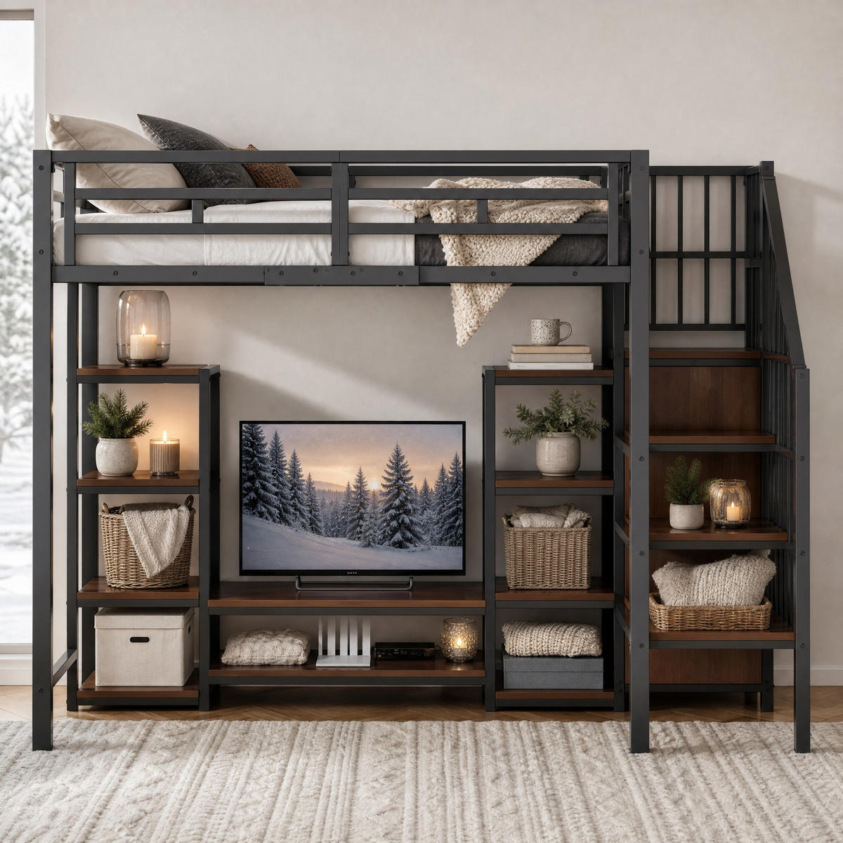 HOCHBETT 90/200 mit TV-Ablage, Steckdose und Stauraumleiter in Schwarz - Schwarz, Holz/Metall (90/200cm) - EVRYAE
