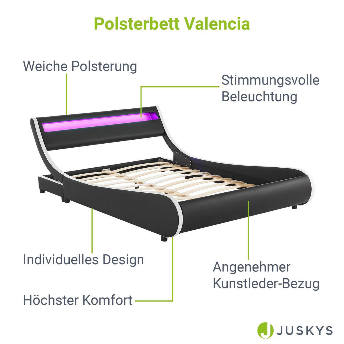 POLSTERBETT Valencia schwarz 140x200 cm mit LED - Schwarz, Textil (140/200cm) - Juskys