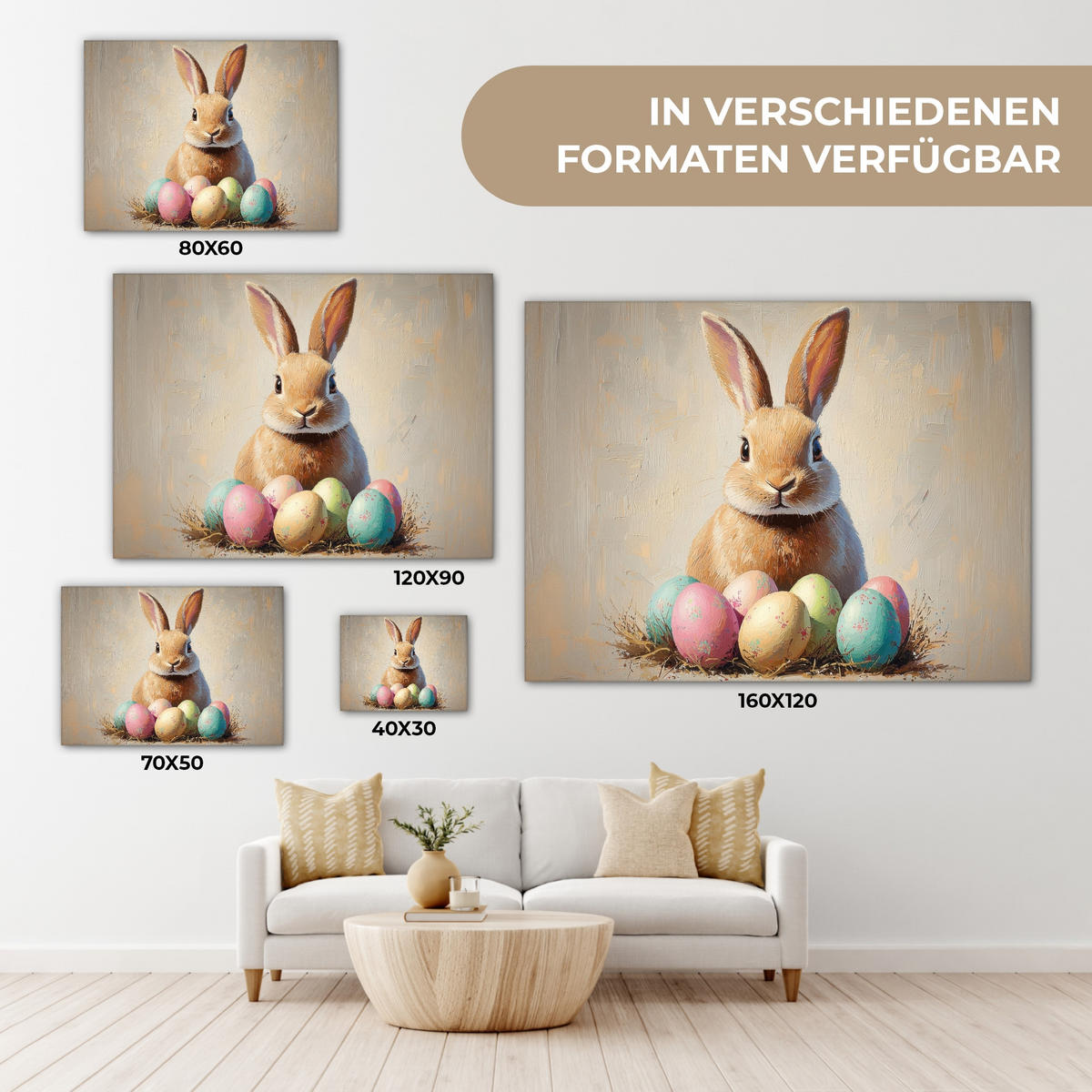 LEINWANDBILD Osterhase - Pastell - Eier Wandbilder 80x60 cm - Beige, Textil (80/60cm) - MuchoWow