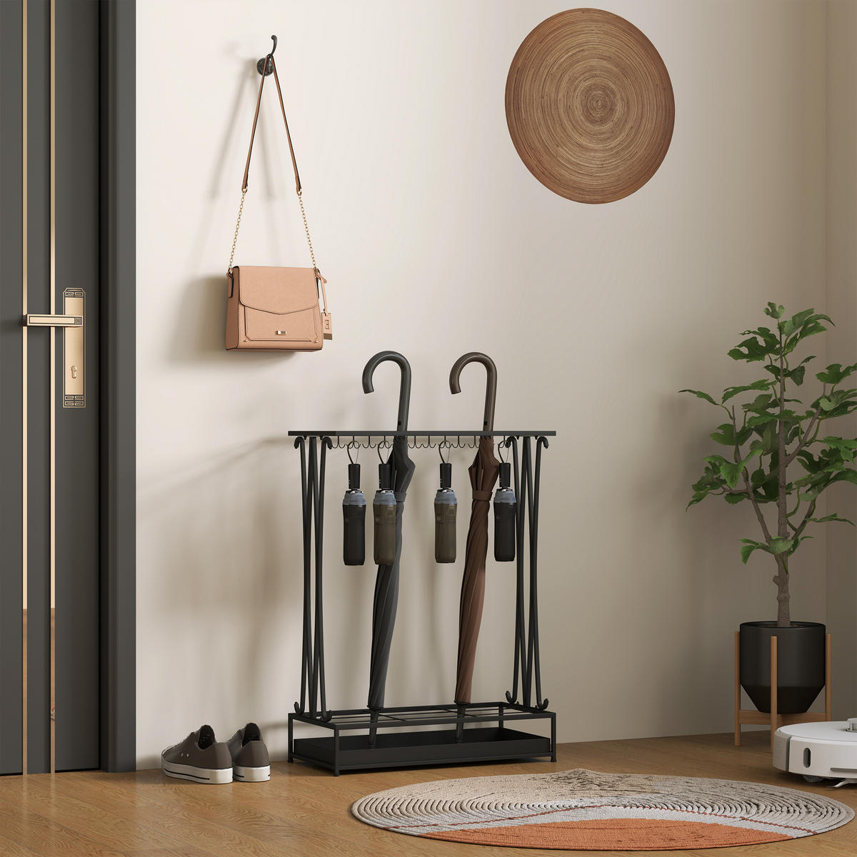 REGENSCHIRMSTÄNDER mit 24 Haken, 21 Löchern, 50 x 24 x 68 cm, Schwarz - Schwarz, Metall (50/68/24cm) - HOMCOM