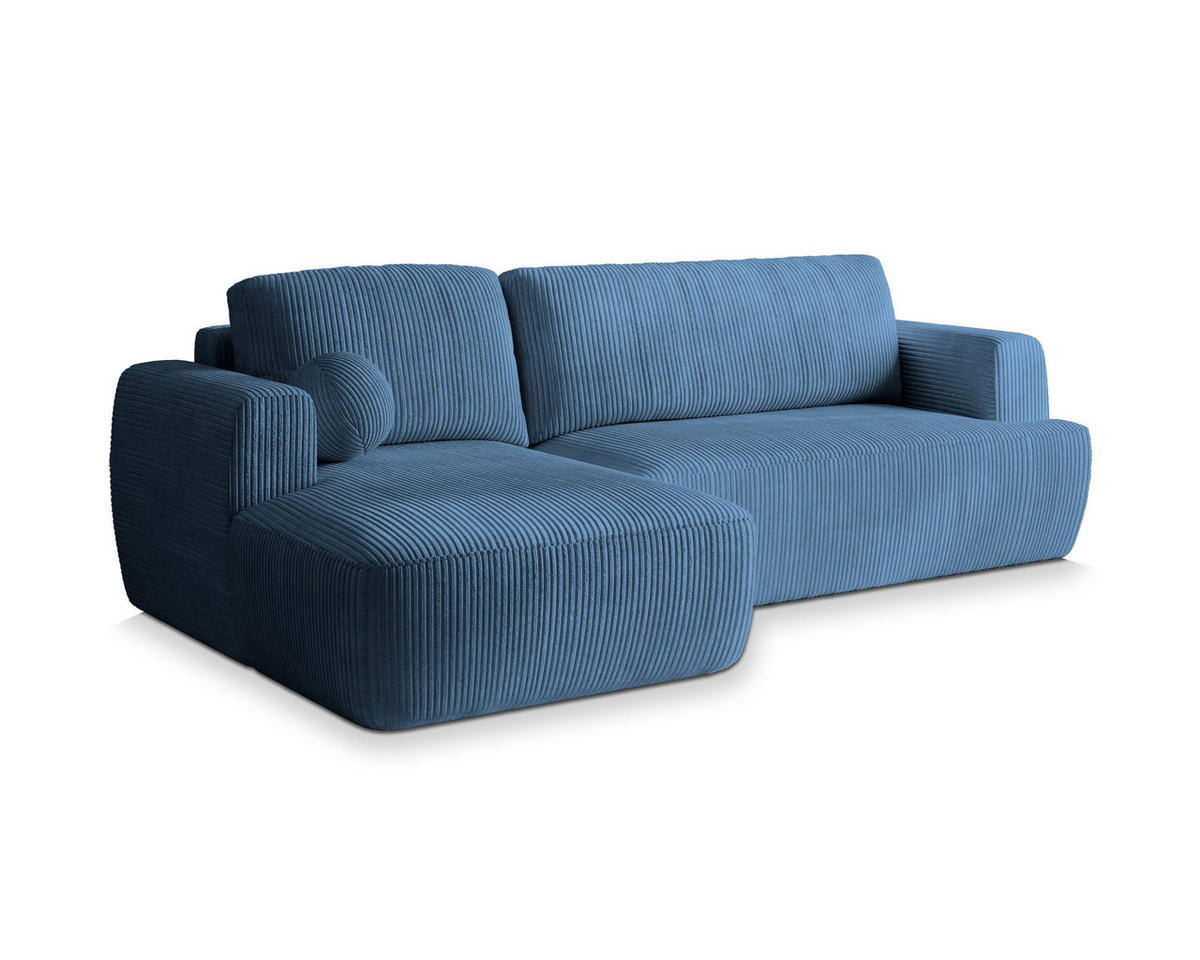 ECKSOFA SENTI P L-S Blau Kordstoff mit Schlaffunktion - Blau, Holz (246/148cm) - MASSENO