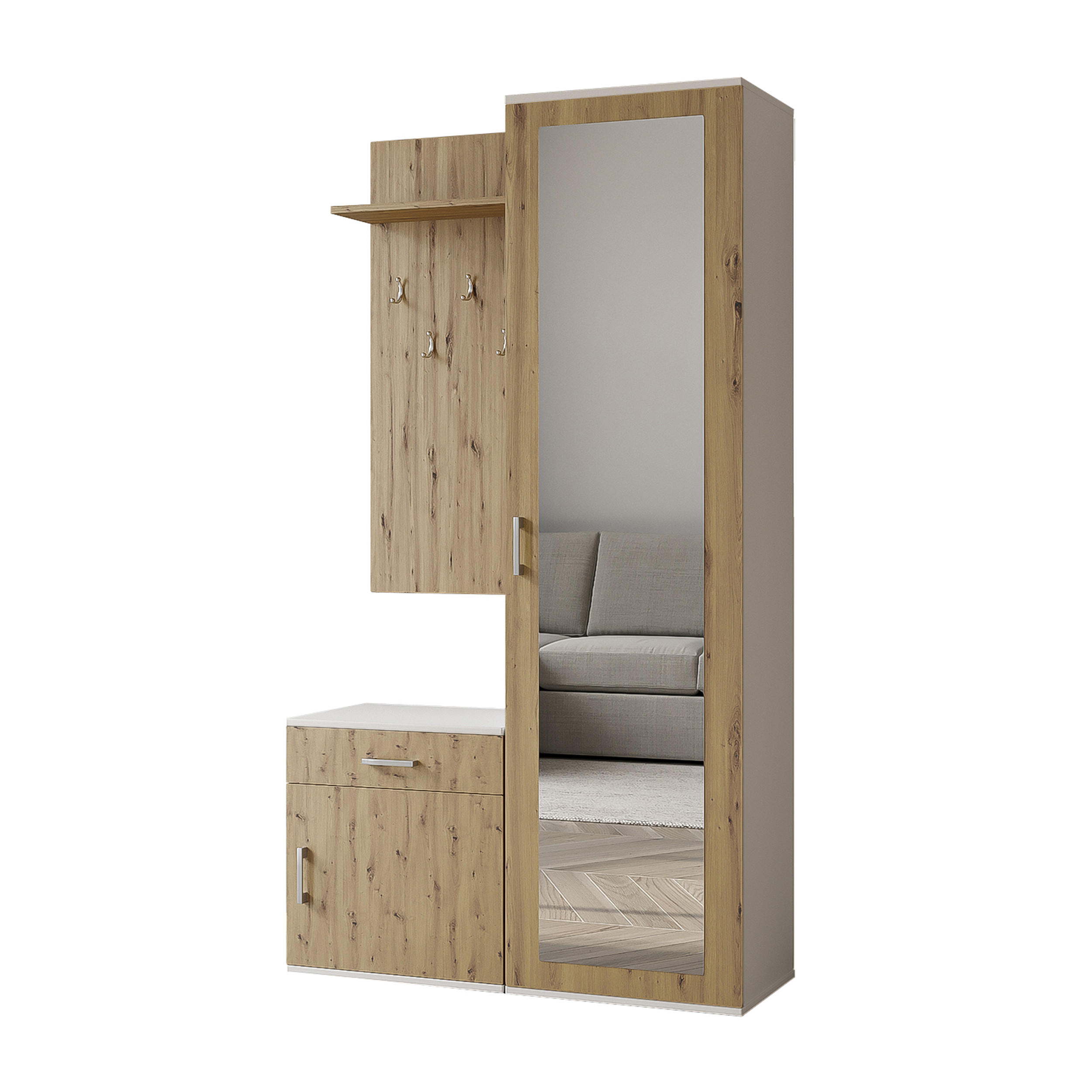 GARDEROBENSCHRANK Magnola Weiß Artisan Eiche 100/180,5/35 cm – Modern, mit Spiegel und viel Stauraum - Hellbraun/Weiß, Holzwerkstoff/Kunststoff (100/180.5/35cm) - AX Living