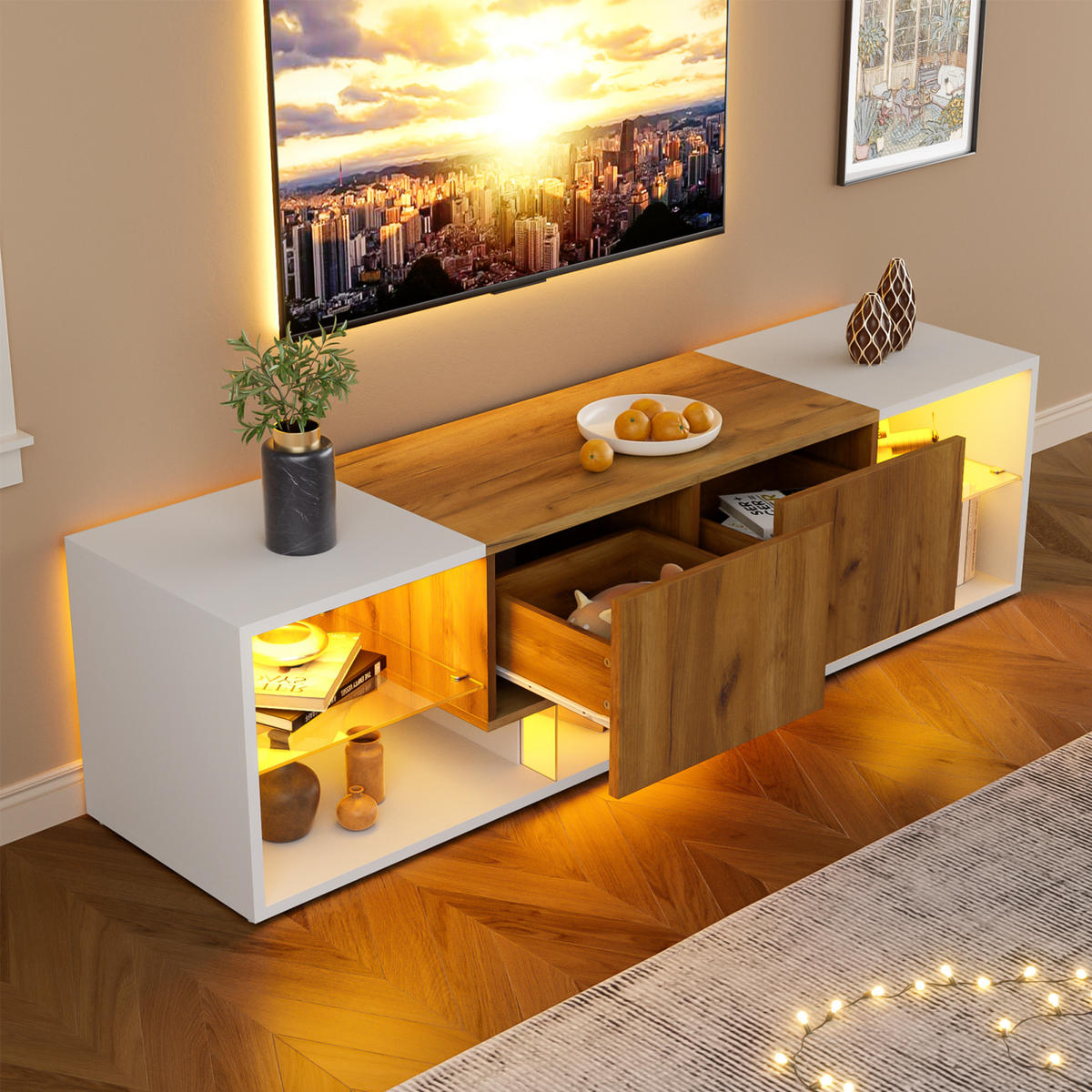 TV-ELEMENT mit Stauraum, LED und 2 Schubladen, moderner Stil, 160 x 40 x 42 cm - Multicolor, Glas/Holz (40/42/160cm) - GENKI LIVING